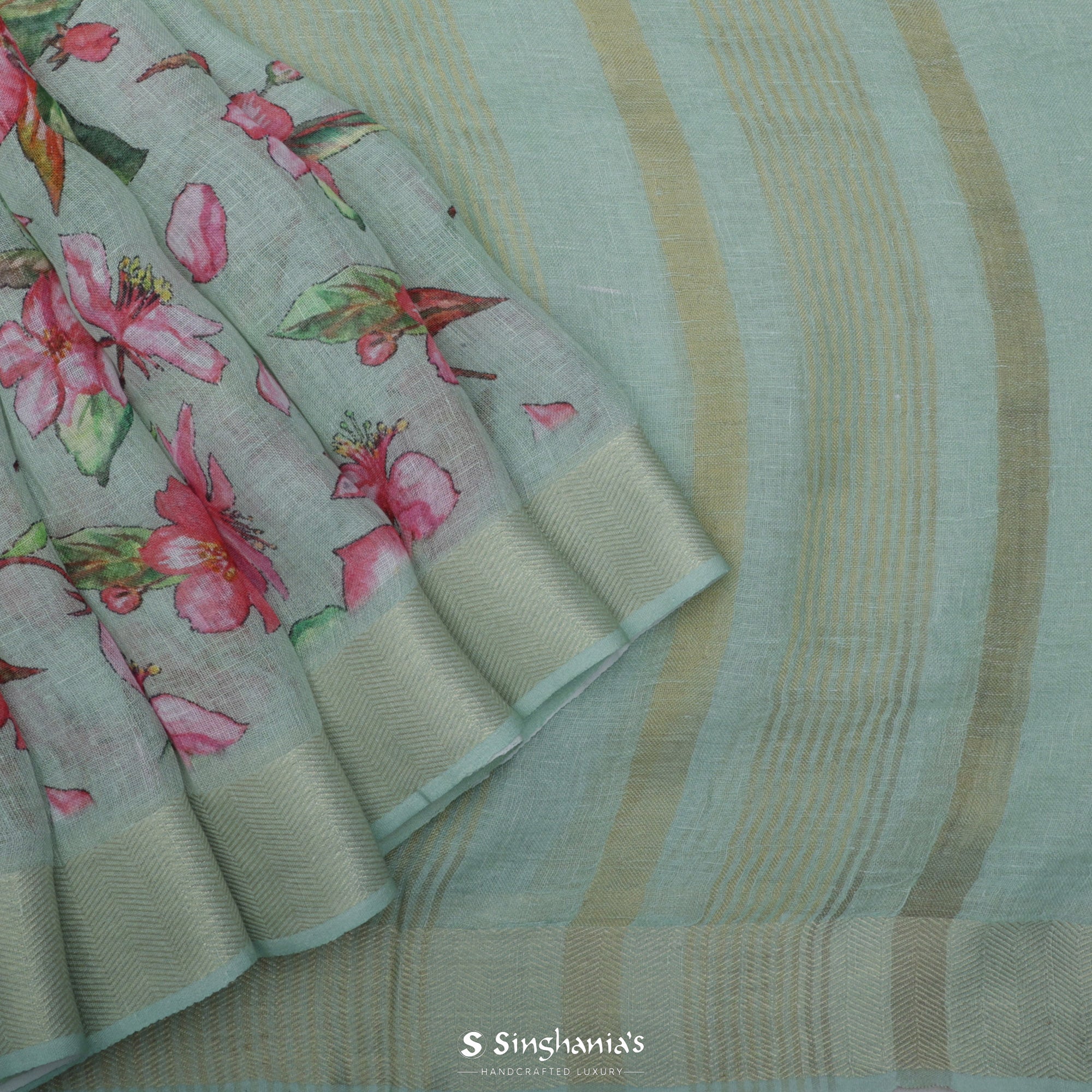 Pastel Blue-Green Printed Linen Saree With Floral Jaal Design