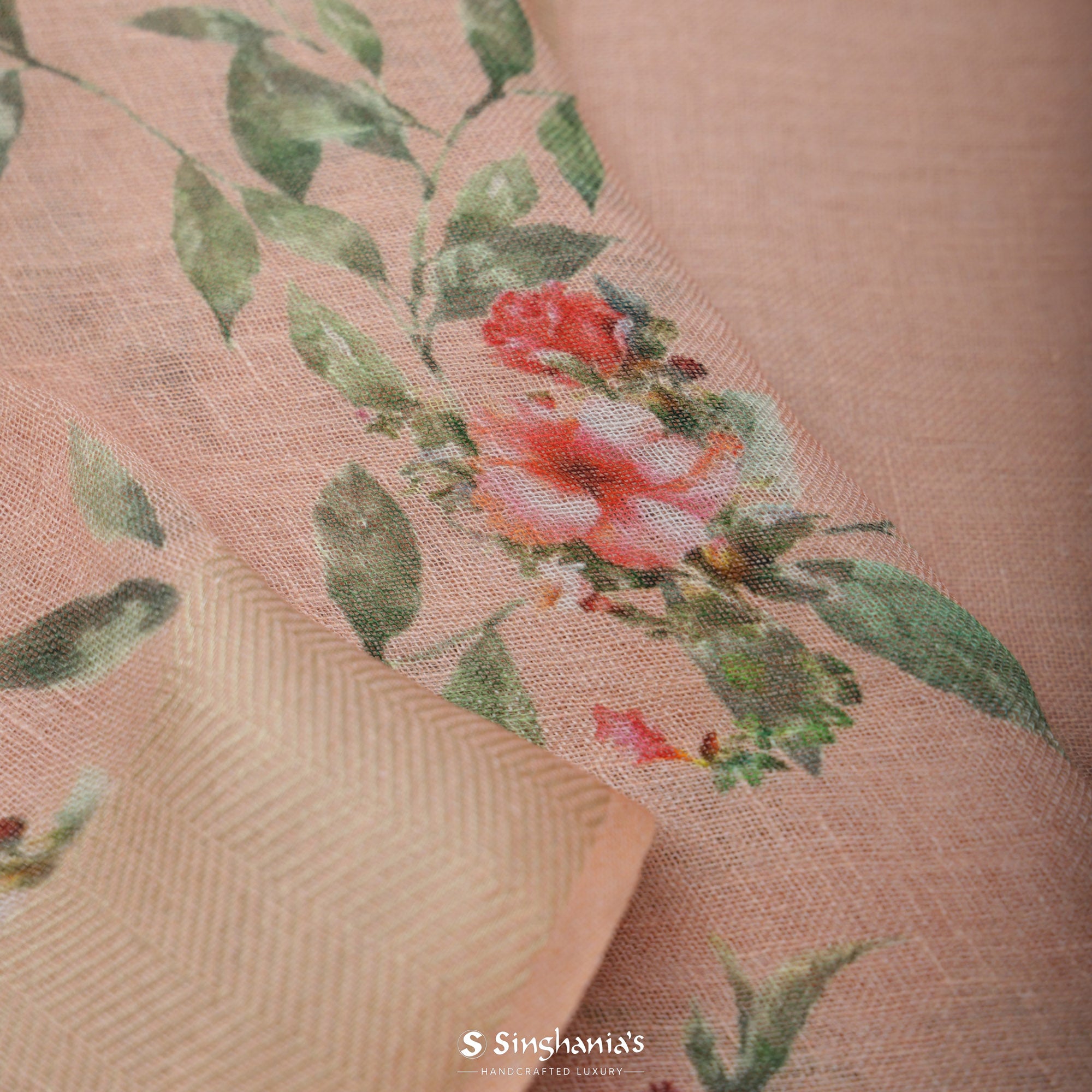 Heather Peach Printed Linen Saree With Floral Jaal Design