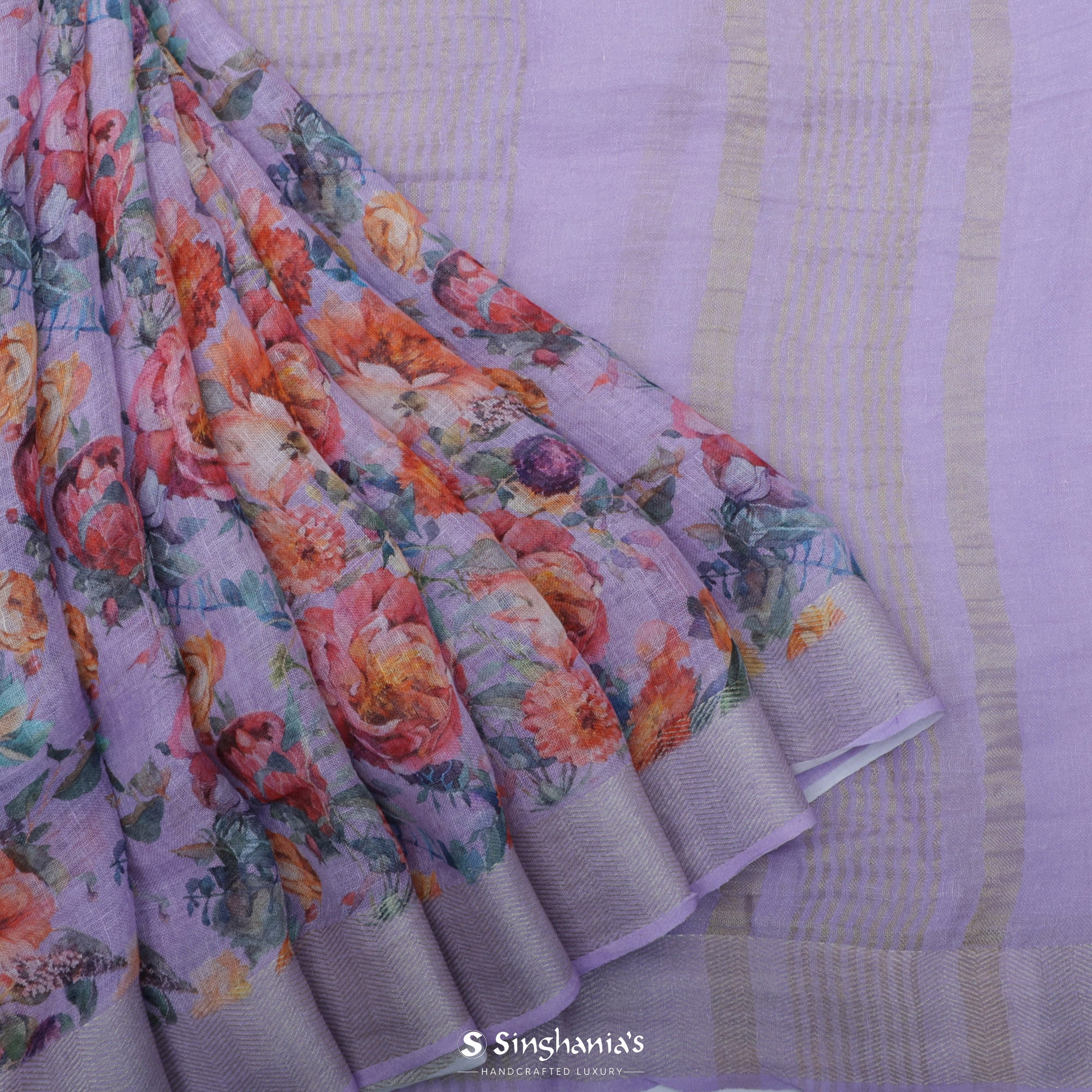 Veronica Purple Printed Linen Saree With Floral Jaal Design