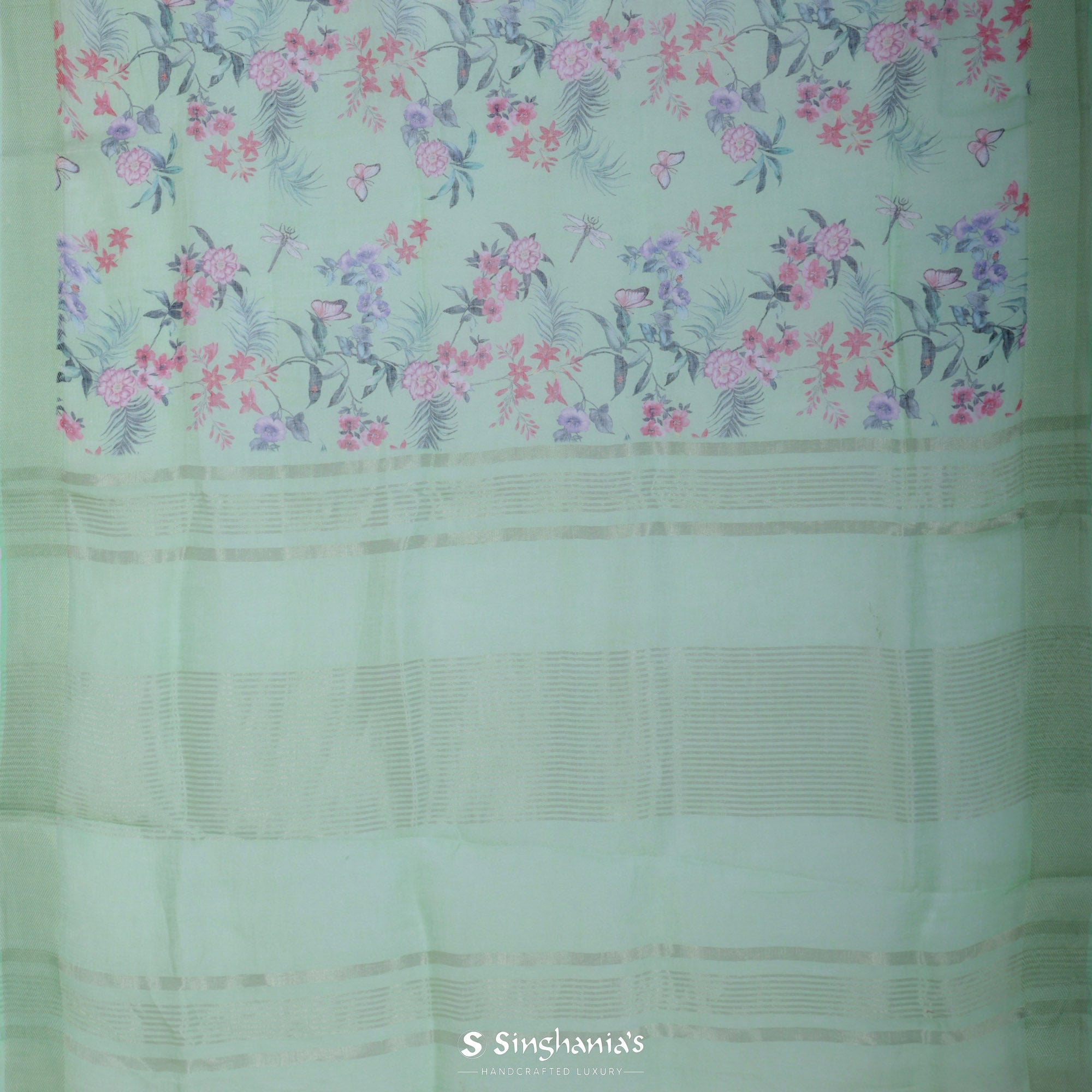 Celadon Green Printed Linen Saree With Floral Jaal Design