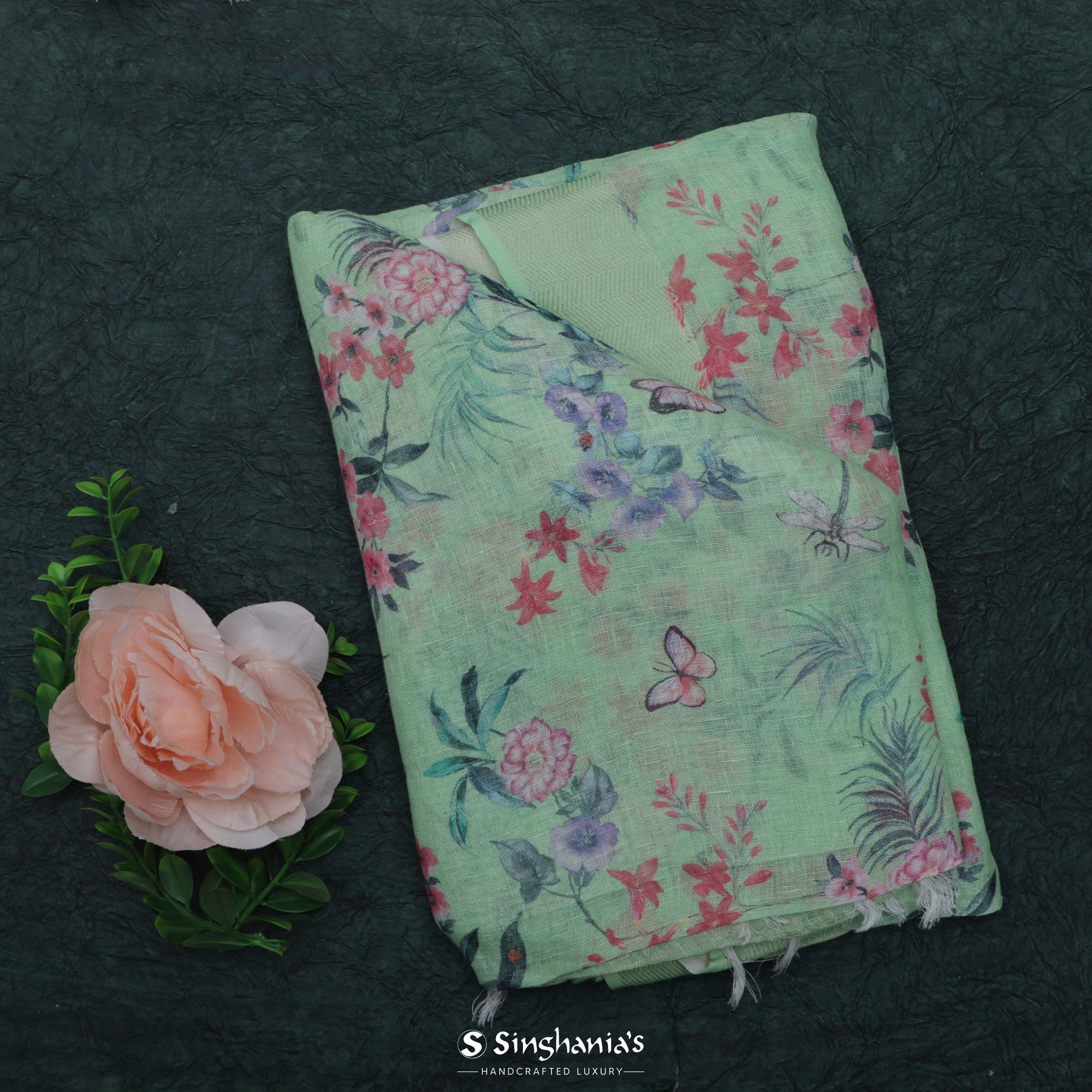 Celadon Green Printed Linen Saree With Floral Jaal Design