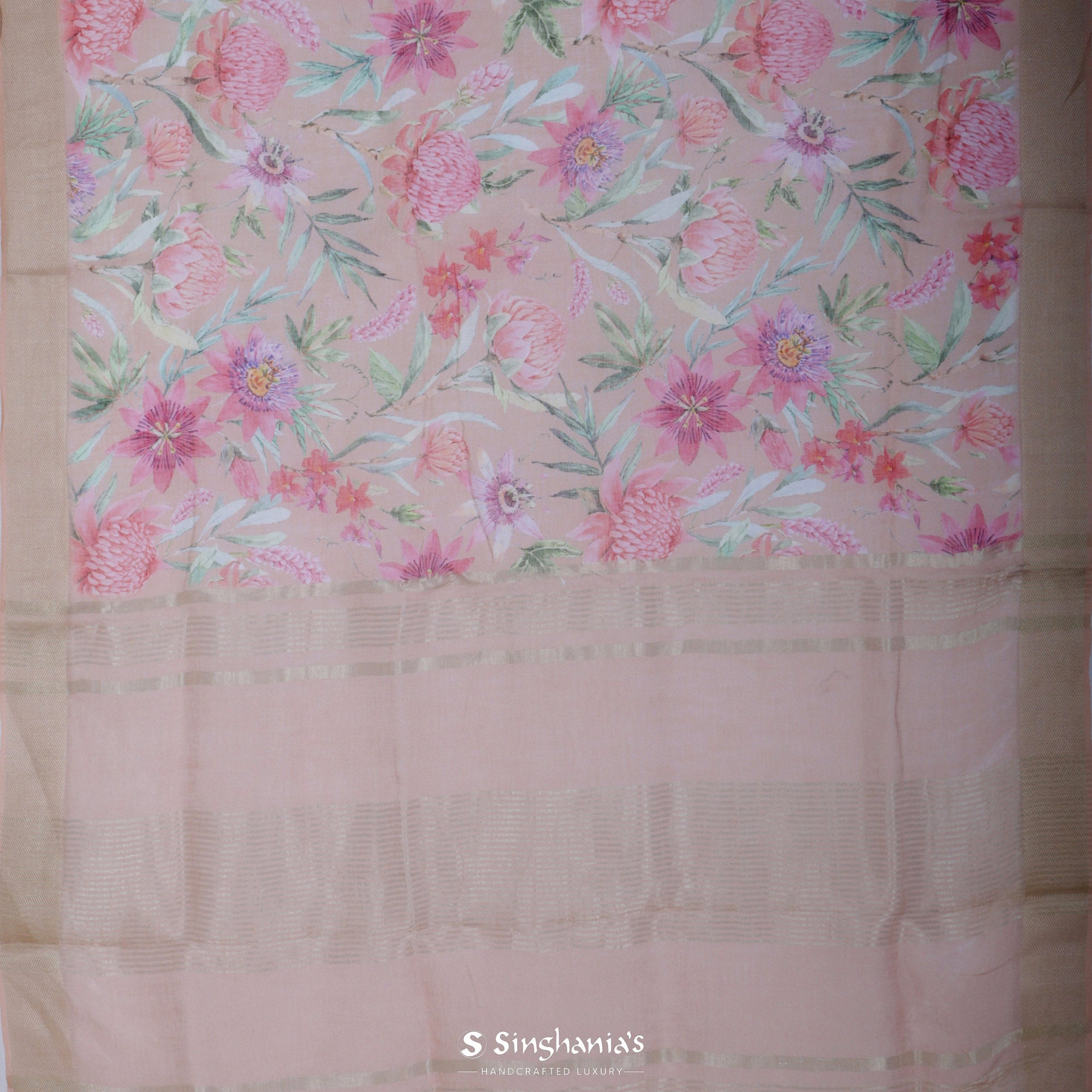 Dust Rose Pink Printed Linen Saree With Floral Jaal Design