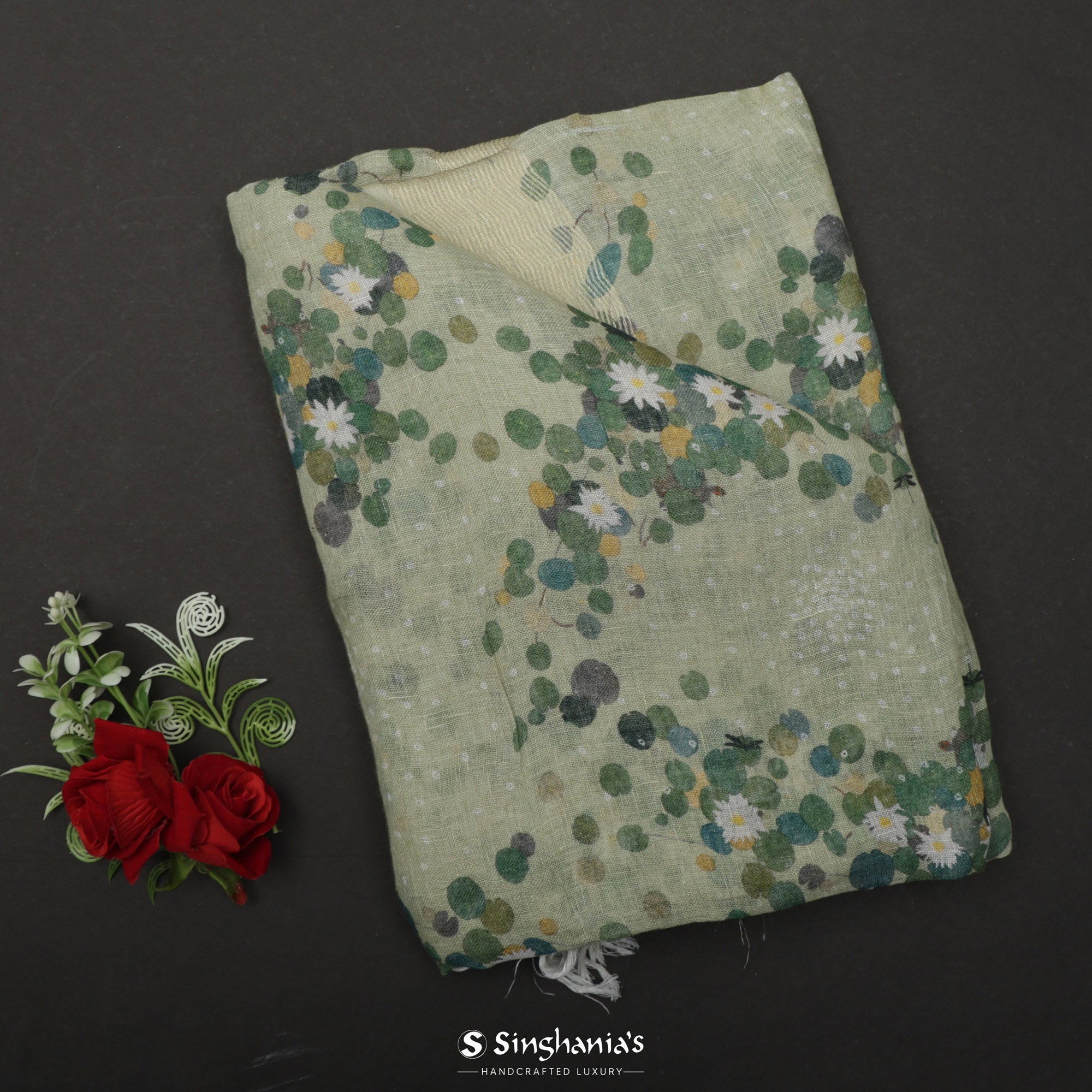 Laurel Green Printed Linen Saree With Floral Motif Design