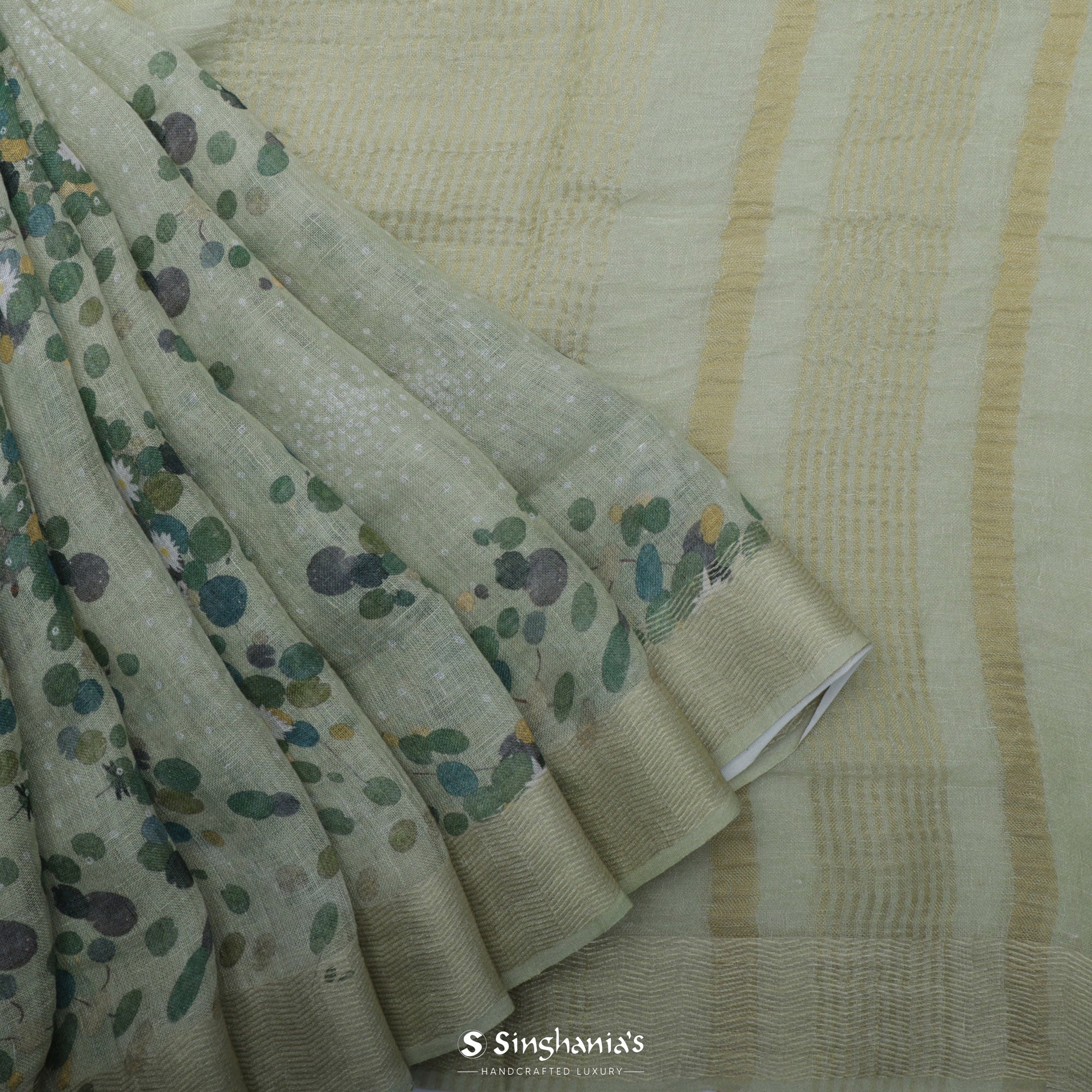 Laurel Green Printed Linen Saree With Floral Motif Design