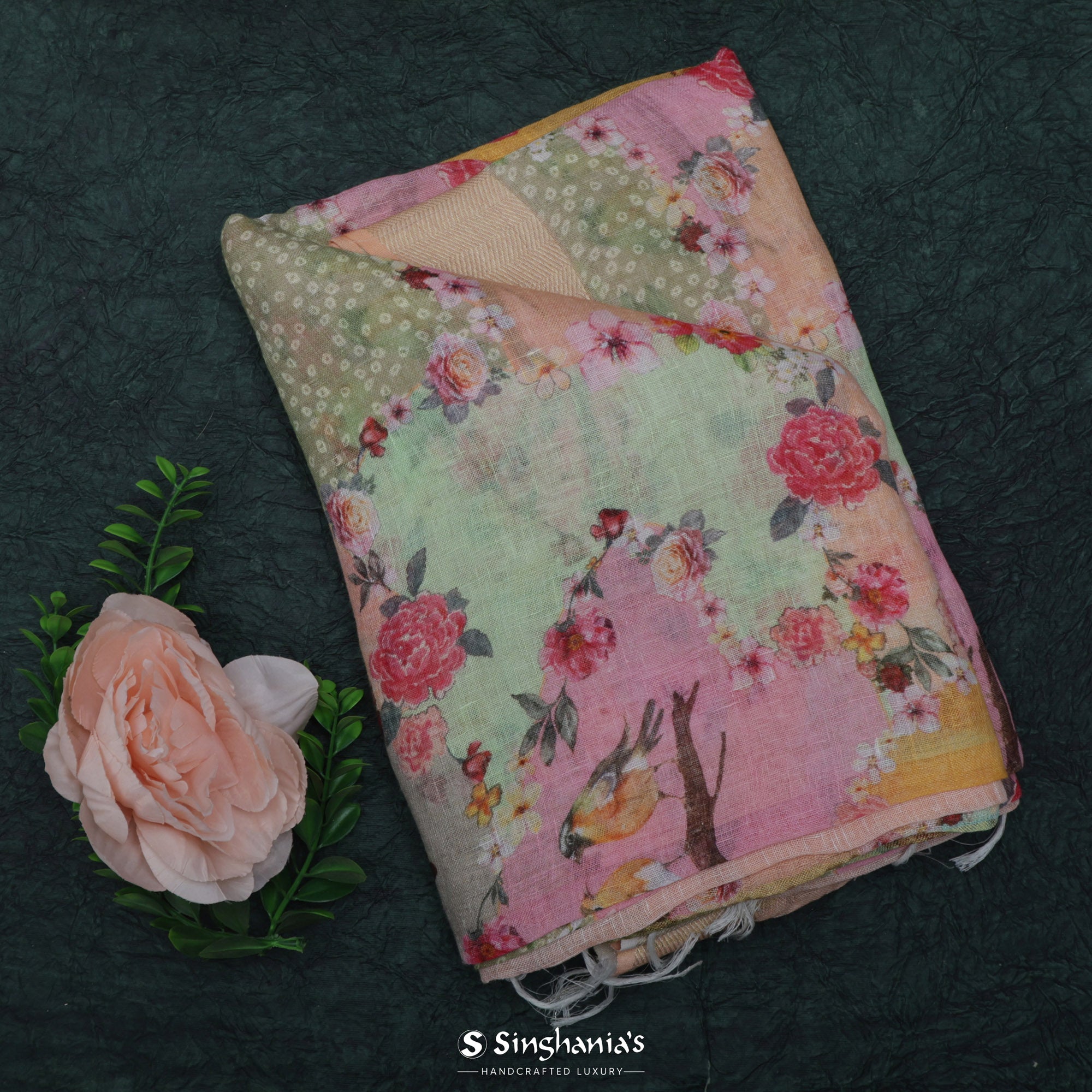 Pastel Multicolour Printed Linen Saree With Floral Bird Design