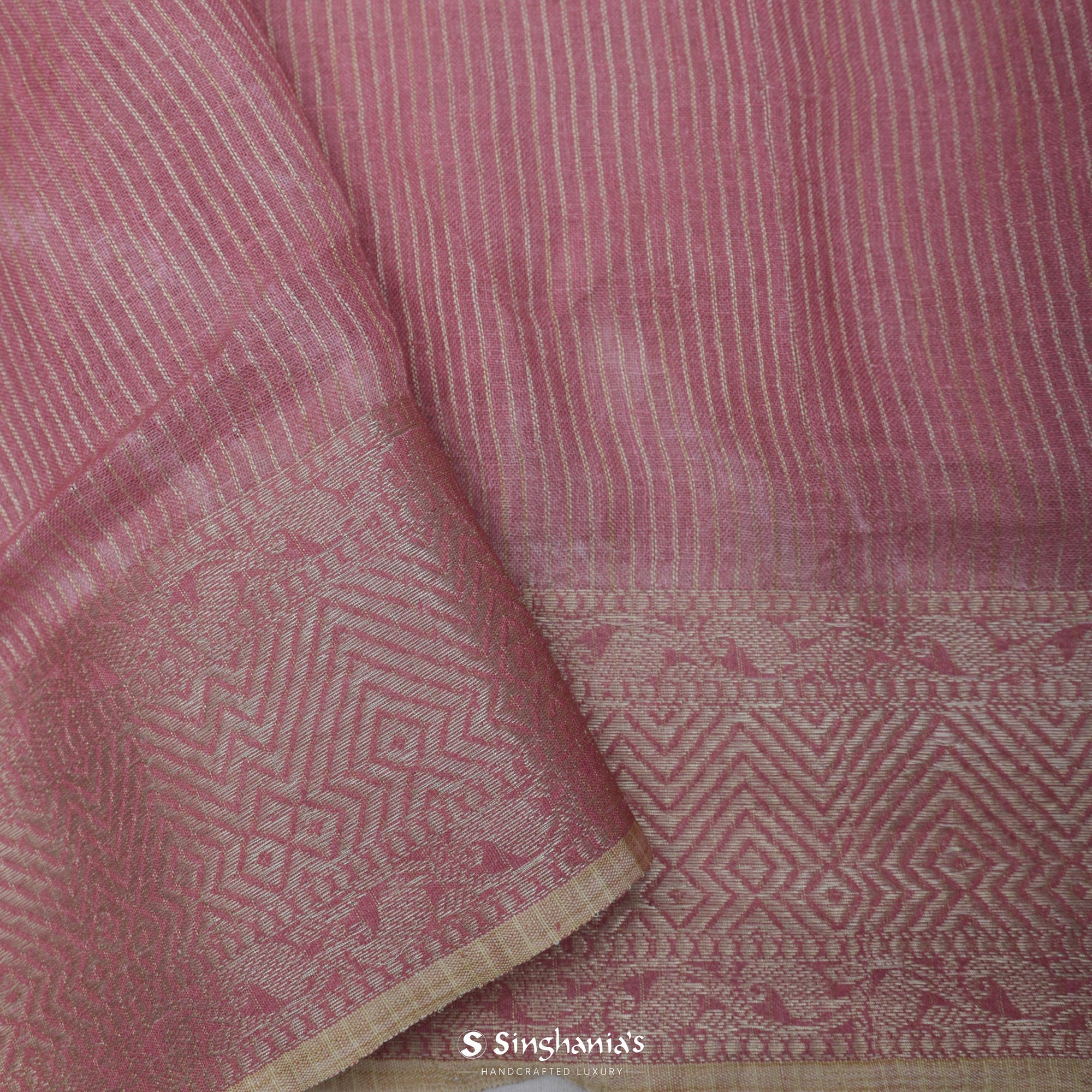 Schauss Pink Printed Linen Saree With Floral Bird Design