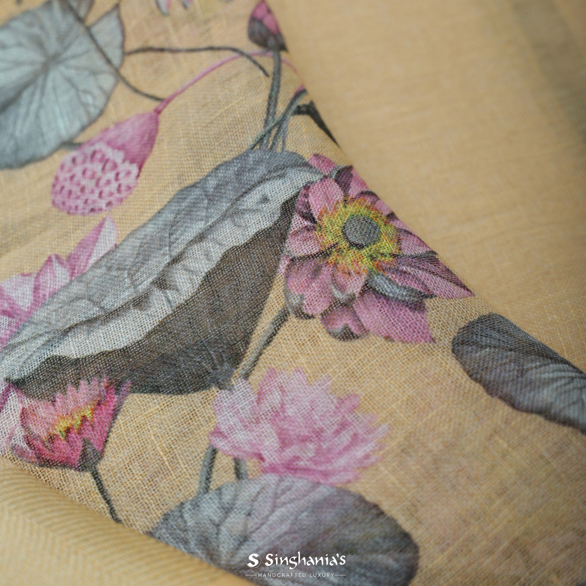 Flax Yellow Printed Linen Saree With Lotus Motif Design