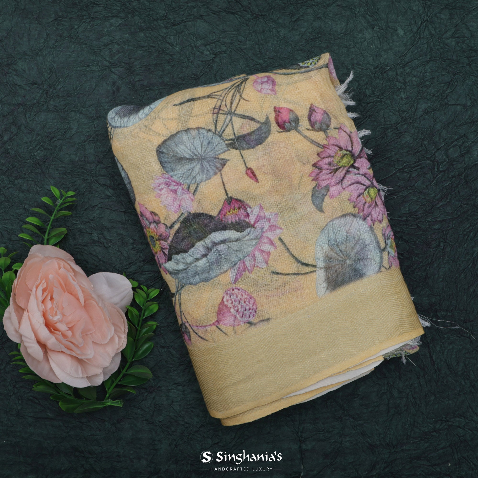 Flax Yellow Printed Linen Saree With Lotus Motif Design