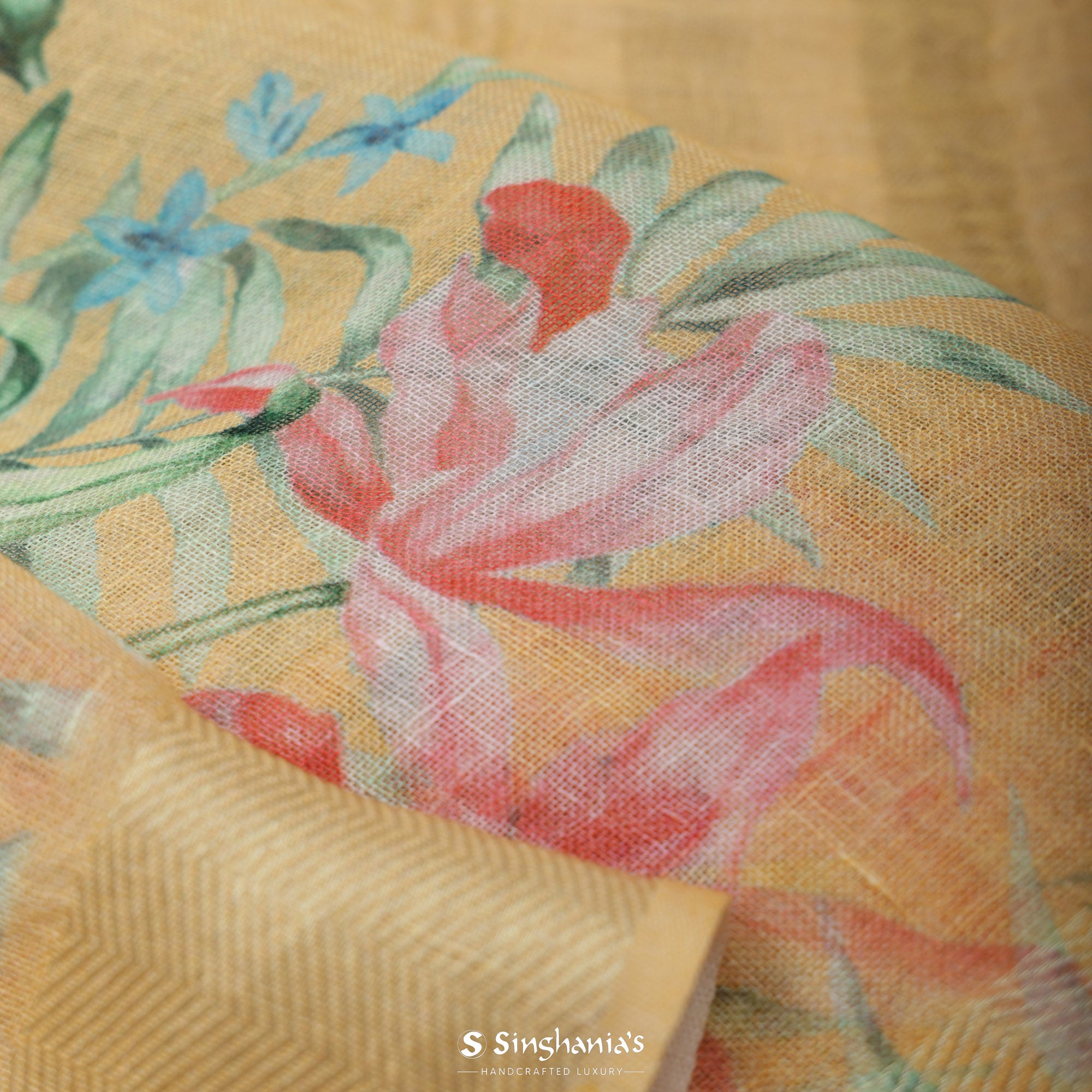 Retro Yellow Printed Linen Saree With Floral Jaal Design