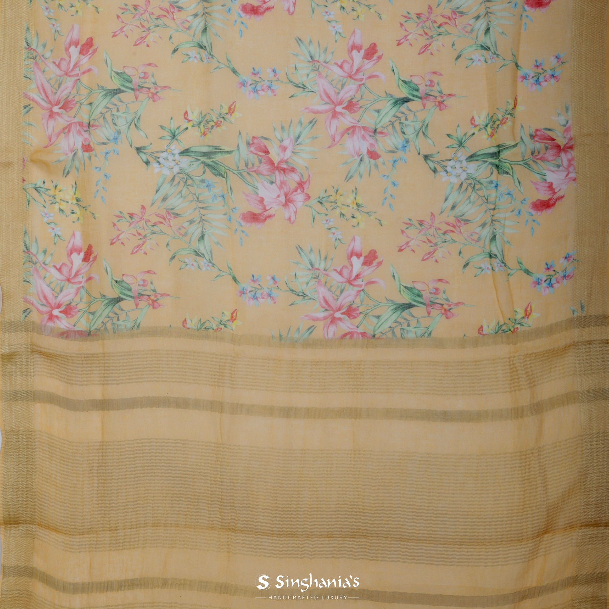 Retro Yellow Printed Linen Saree With Floral Jaal Design