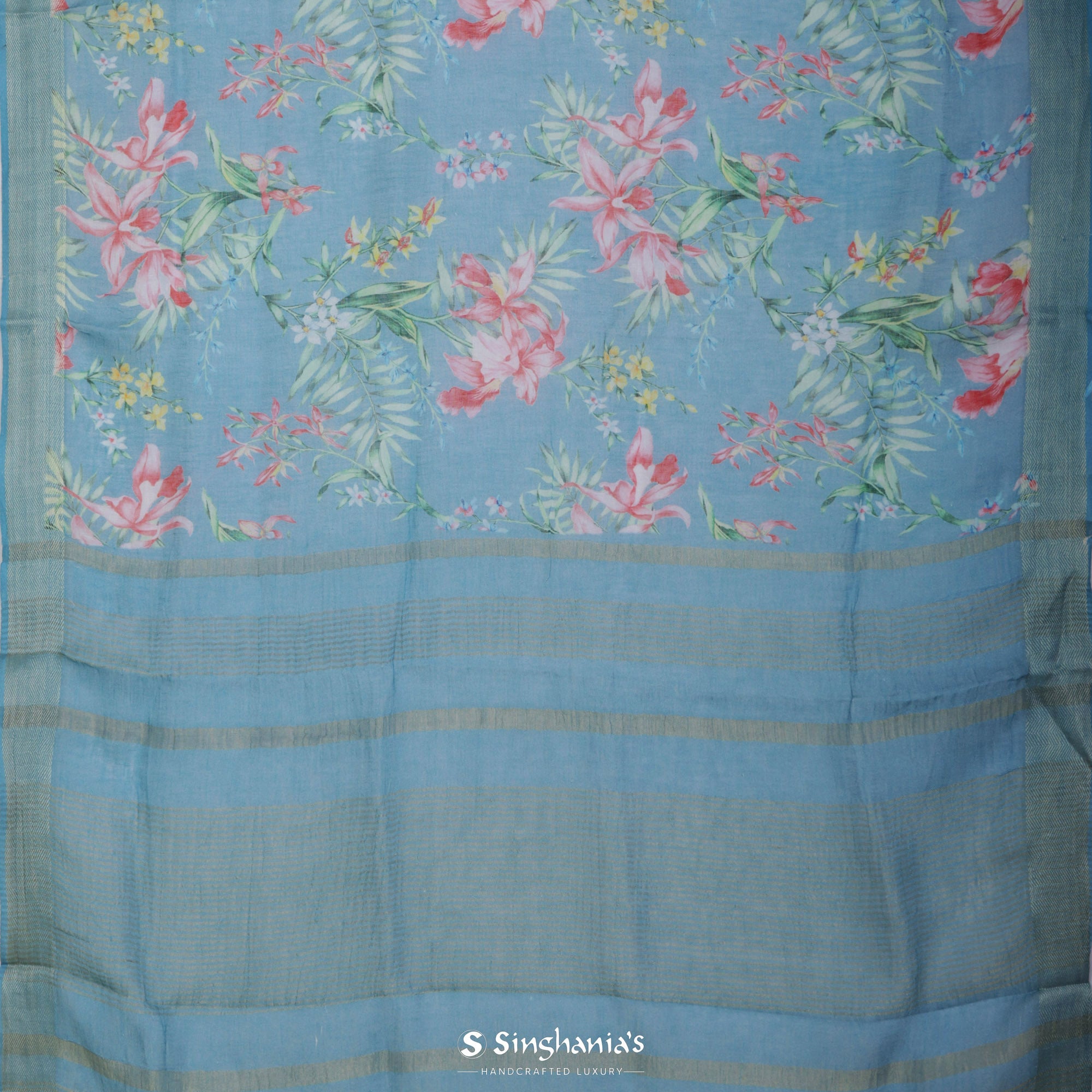 Uranian Blue Printed Linen Saree With Floral Jaal Design