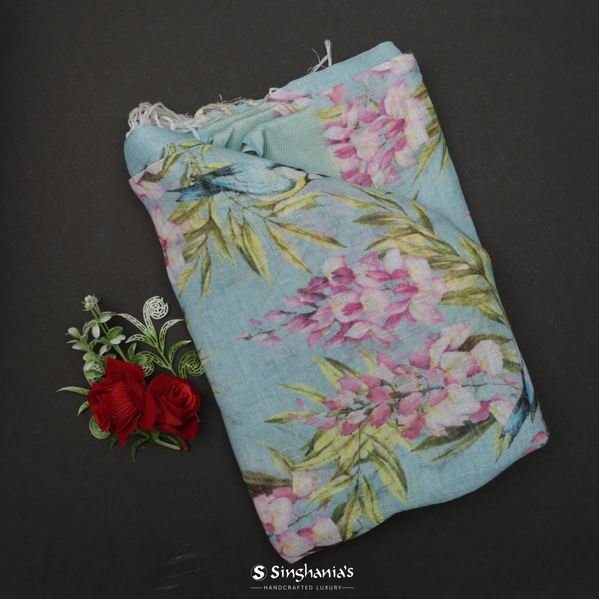 Powder Blue Printed Linen Saree With Floral Jaal Design