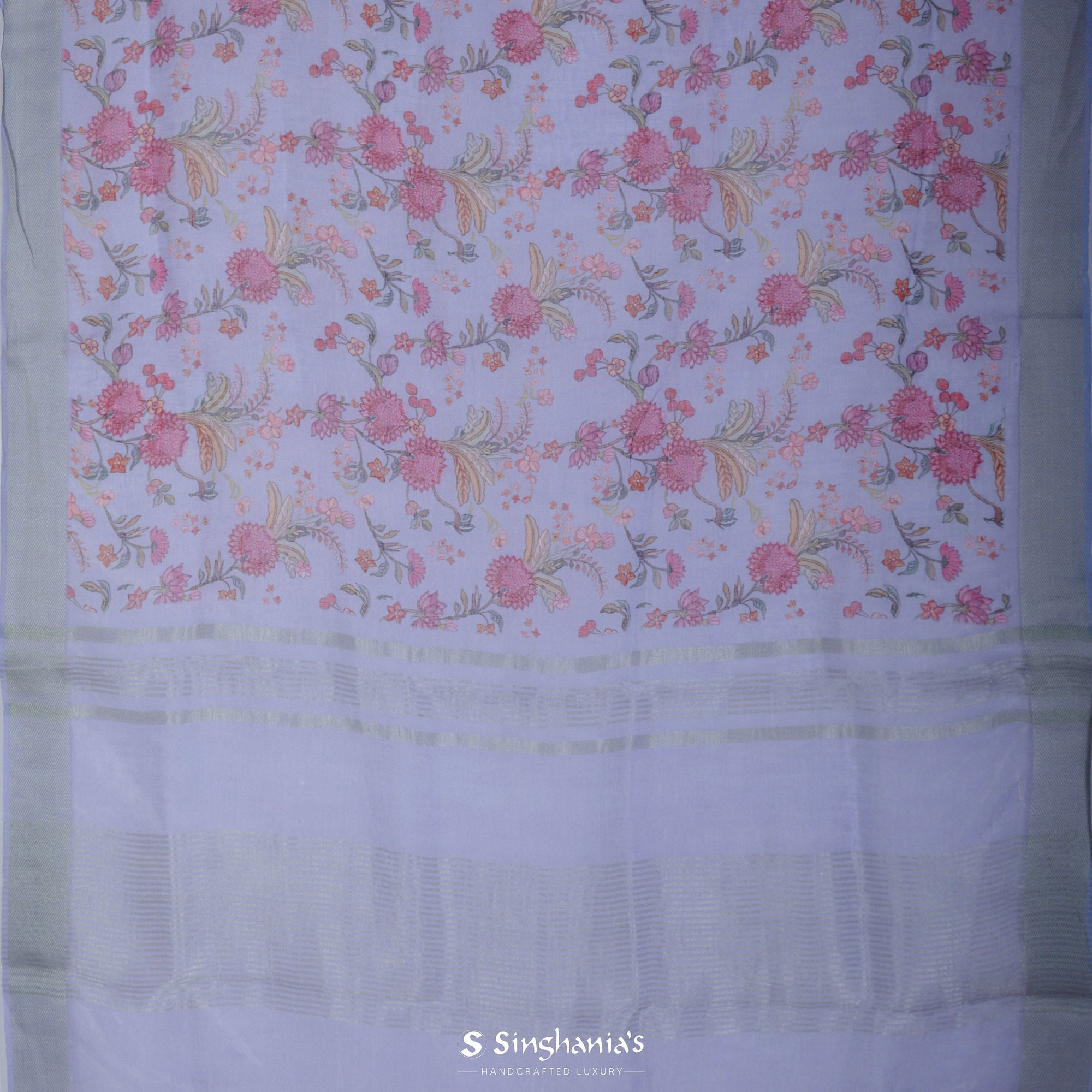 Lavender Grey Printed Linen Saree With Floral Jaal Design