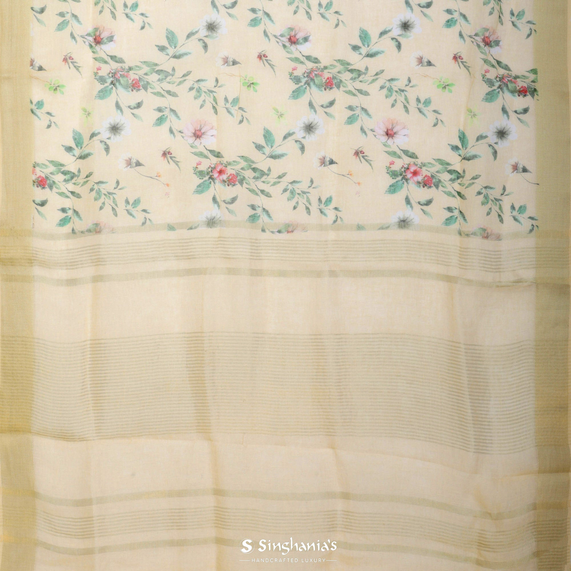 Pale Yellow Printed Linen Saree With Floral Jaal Design