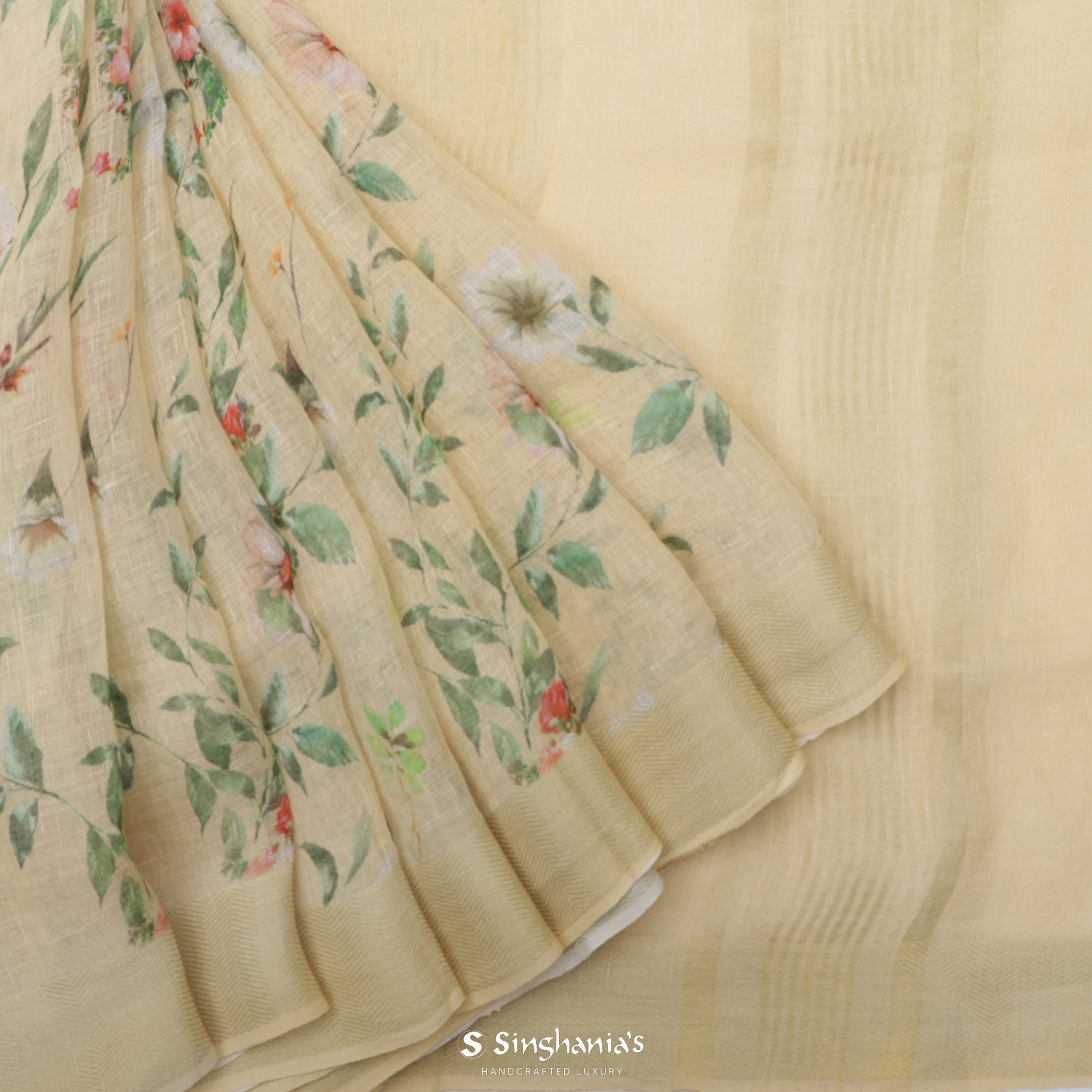 Pale Yellow Printed Linen Saree With Floral Jaal Design