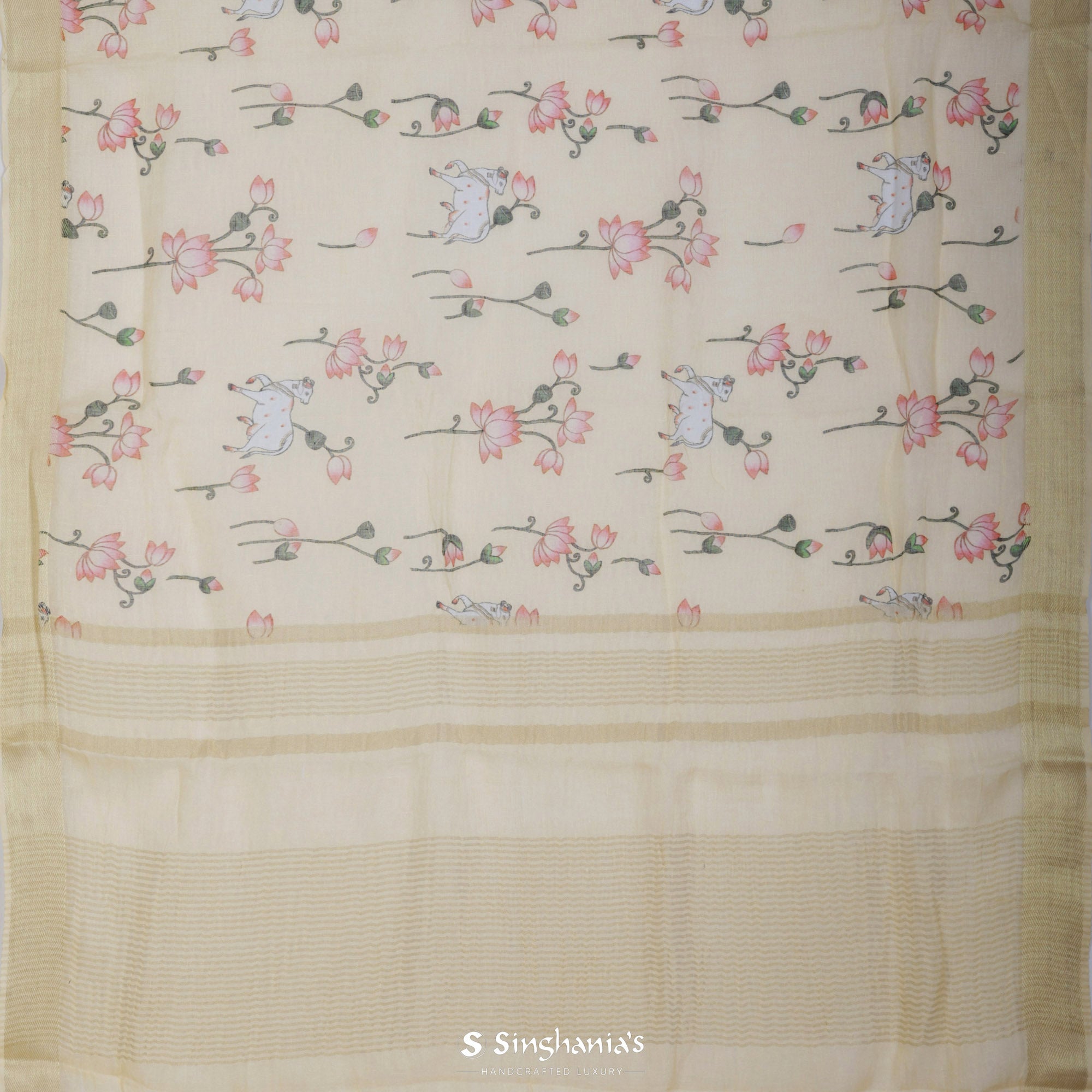 Cream Yellow Printed Linen Saree With Floral Cow Design