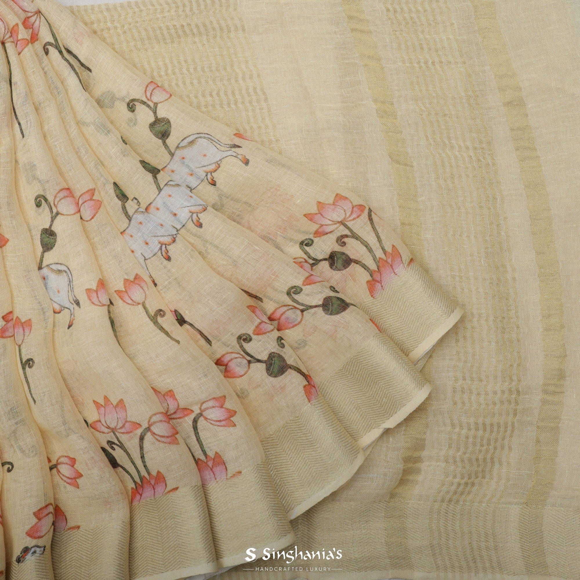 Cream Yellow Printed Linen Saree With Floral Cow Design