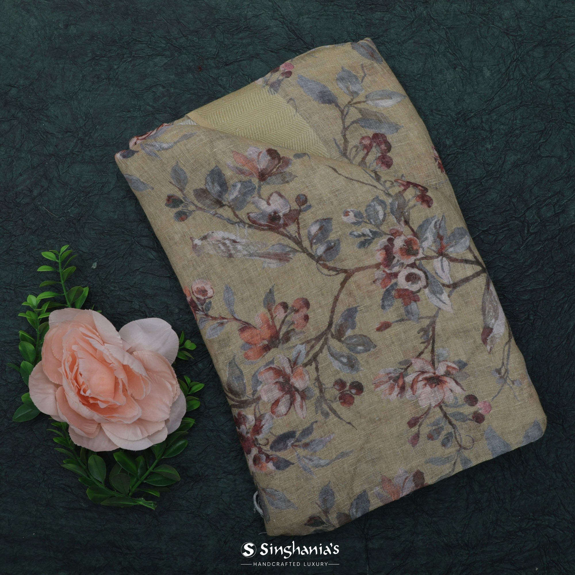 Kohlrabi Green Printed Linen Saree With Floral Bird Pattern