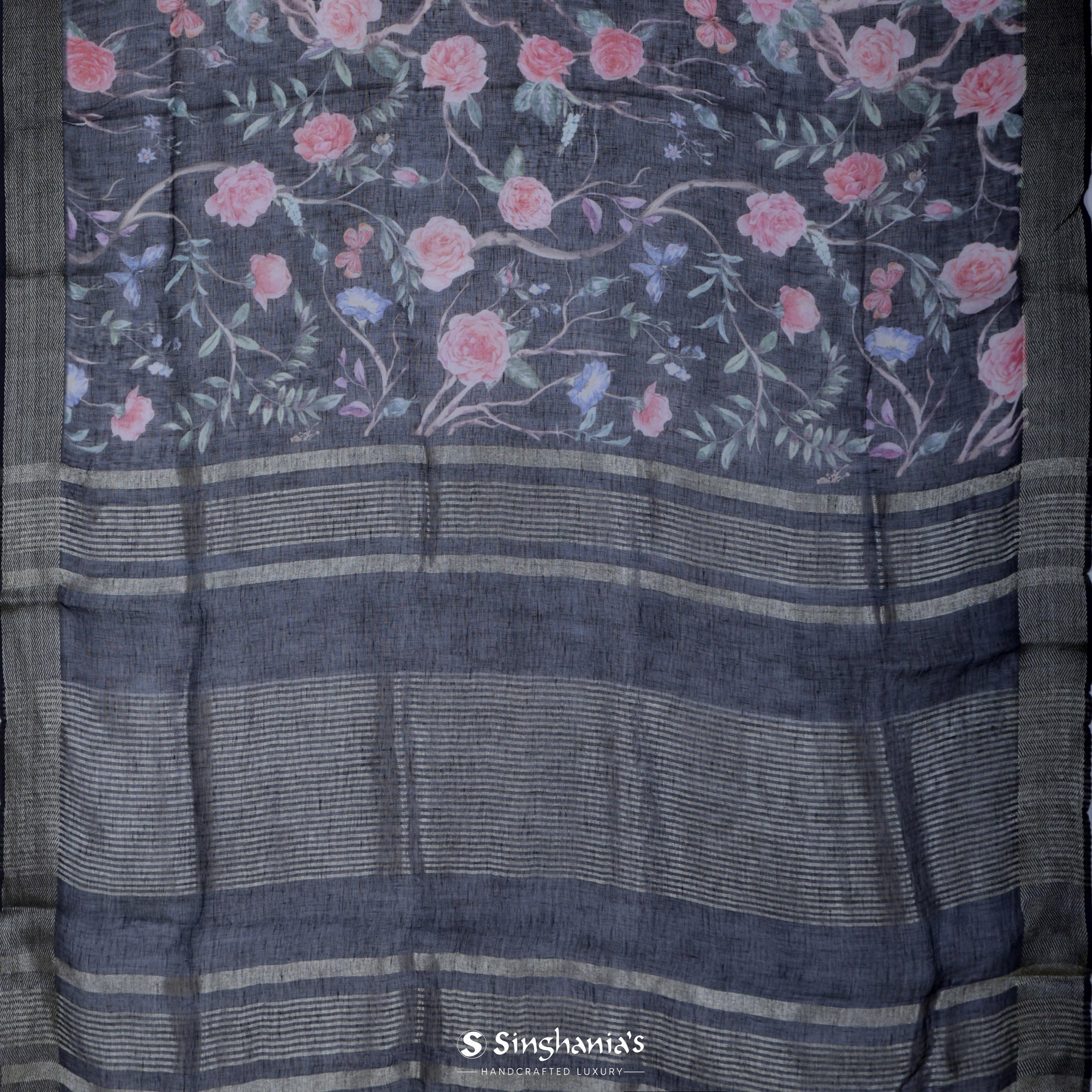 Black Printed Linen Saree With Floral Jaal Pattern