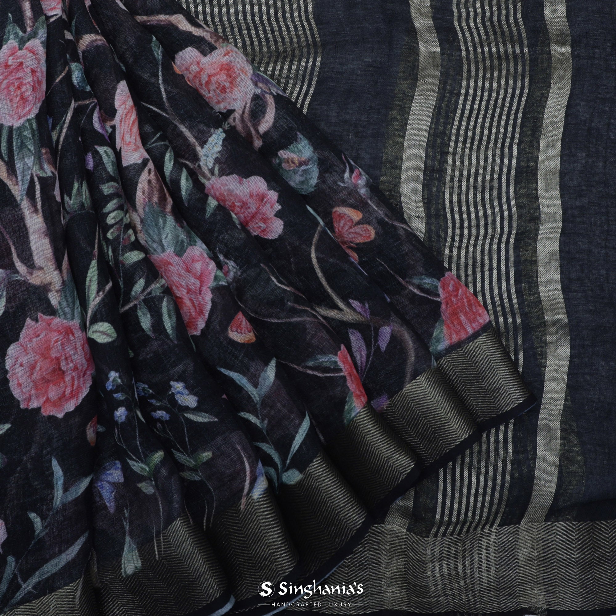 Black Printed Linen Saree With Floral Jaal Pattern