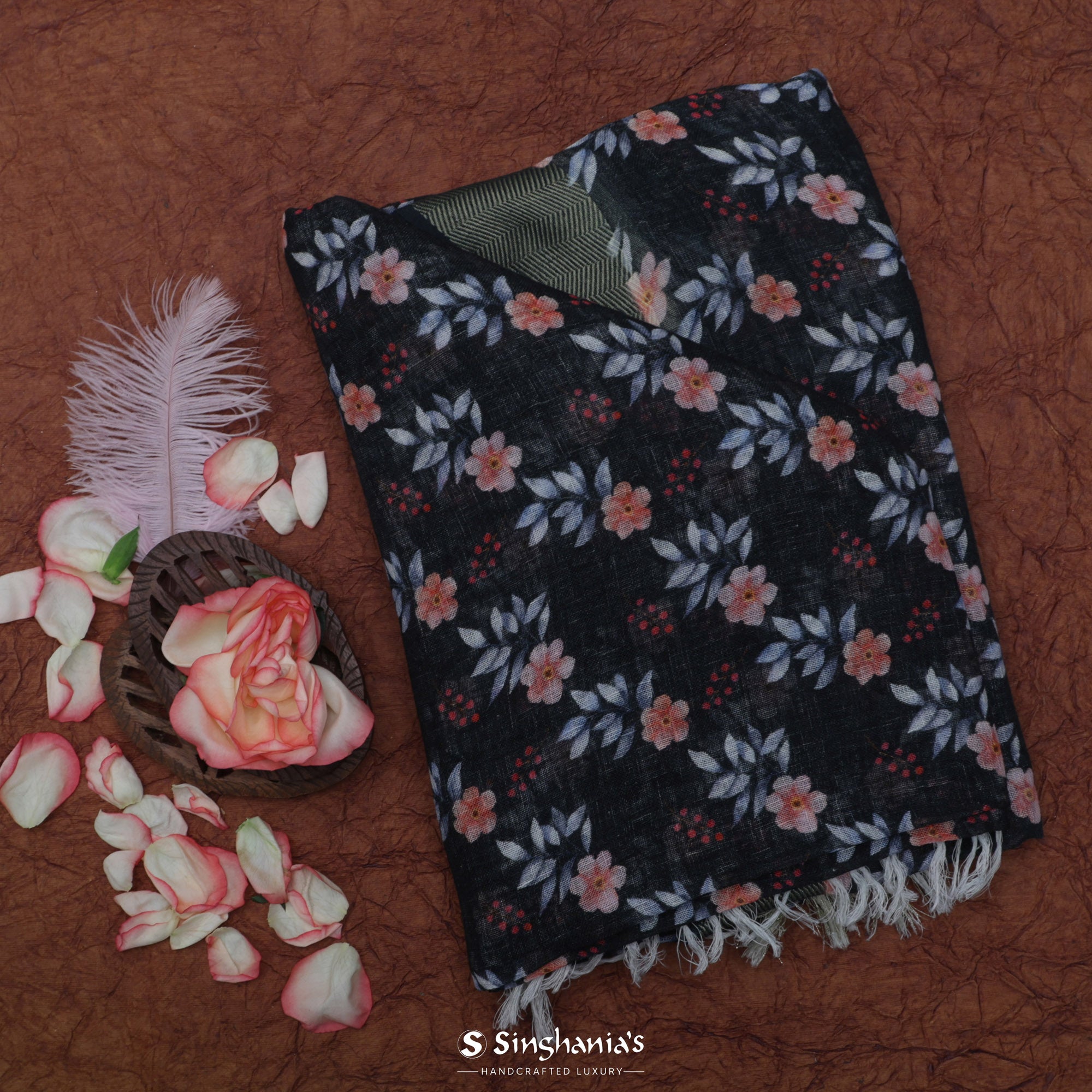 Black Printed Linen Saree With Floral Design