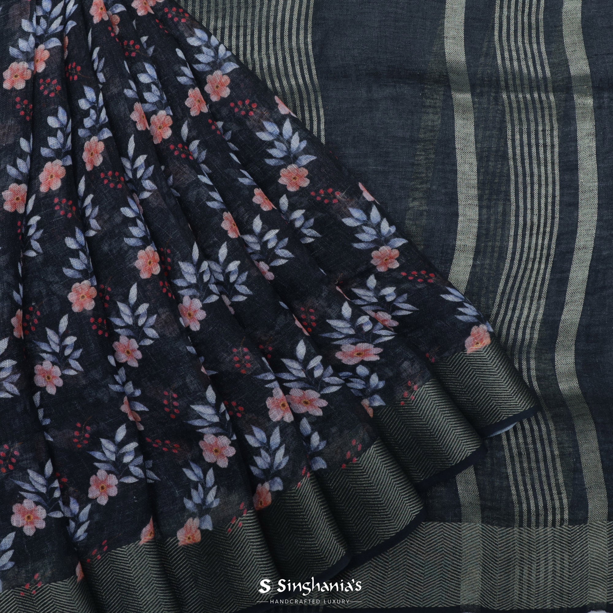 Black Printed Linen Saree With Floral Design