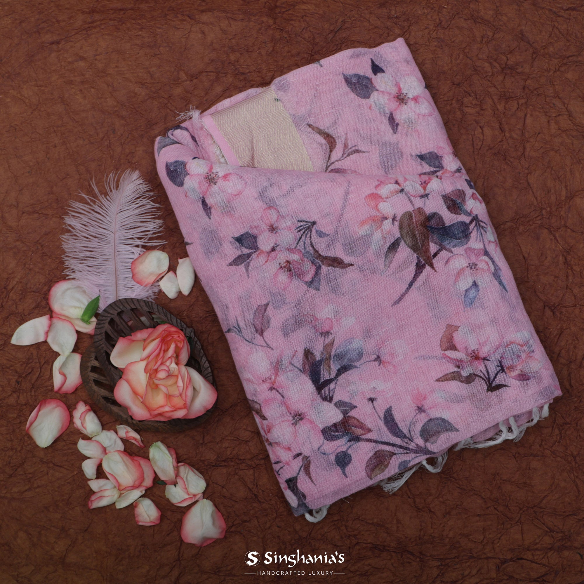 Lavender Rose Printed Linen Saree With Floral Design