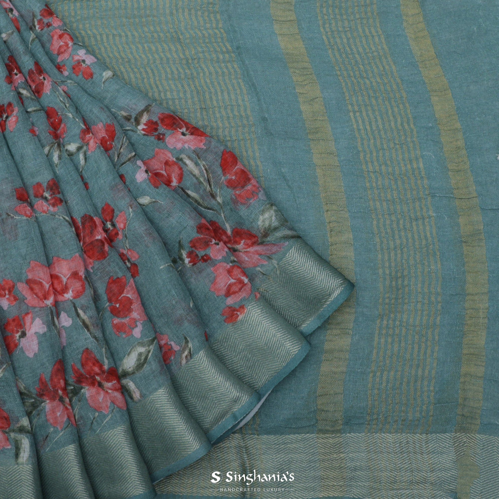 Turkish Blue Printed Linen Saree With Floral Jaal Design