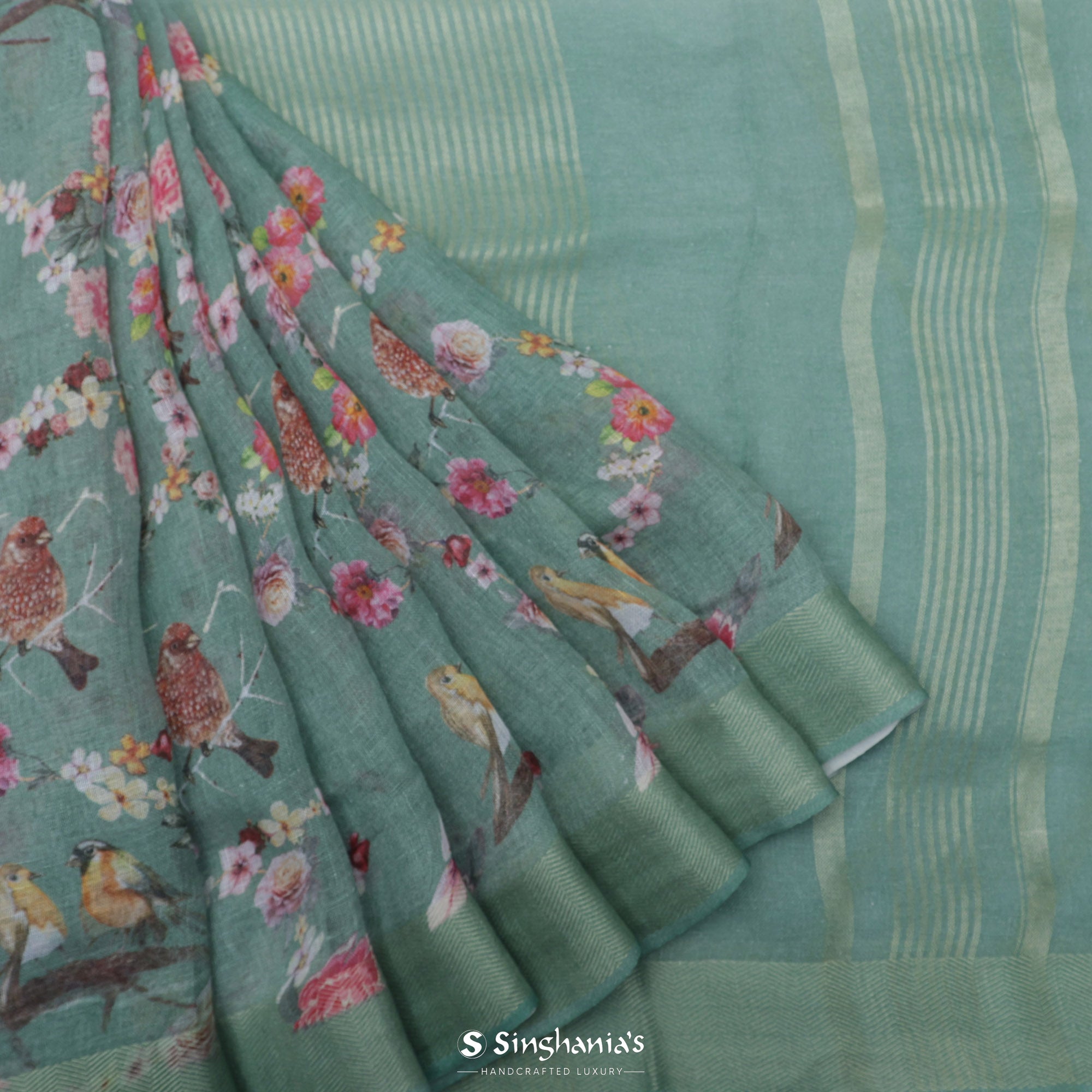 Turquoise Green Printed Linen Saree With Floral Bird Design