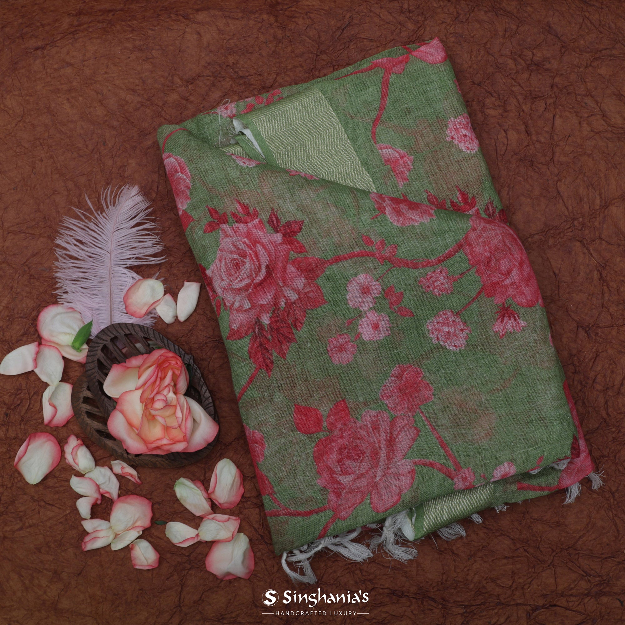 Dark Sea Green Printed Linen Saree With Floral Jaal Pattern