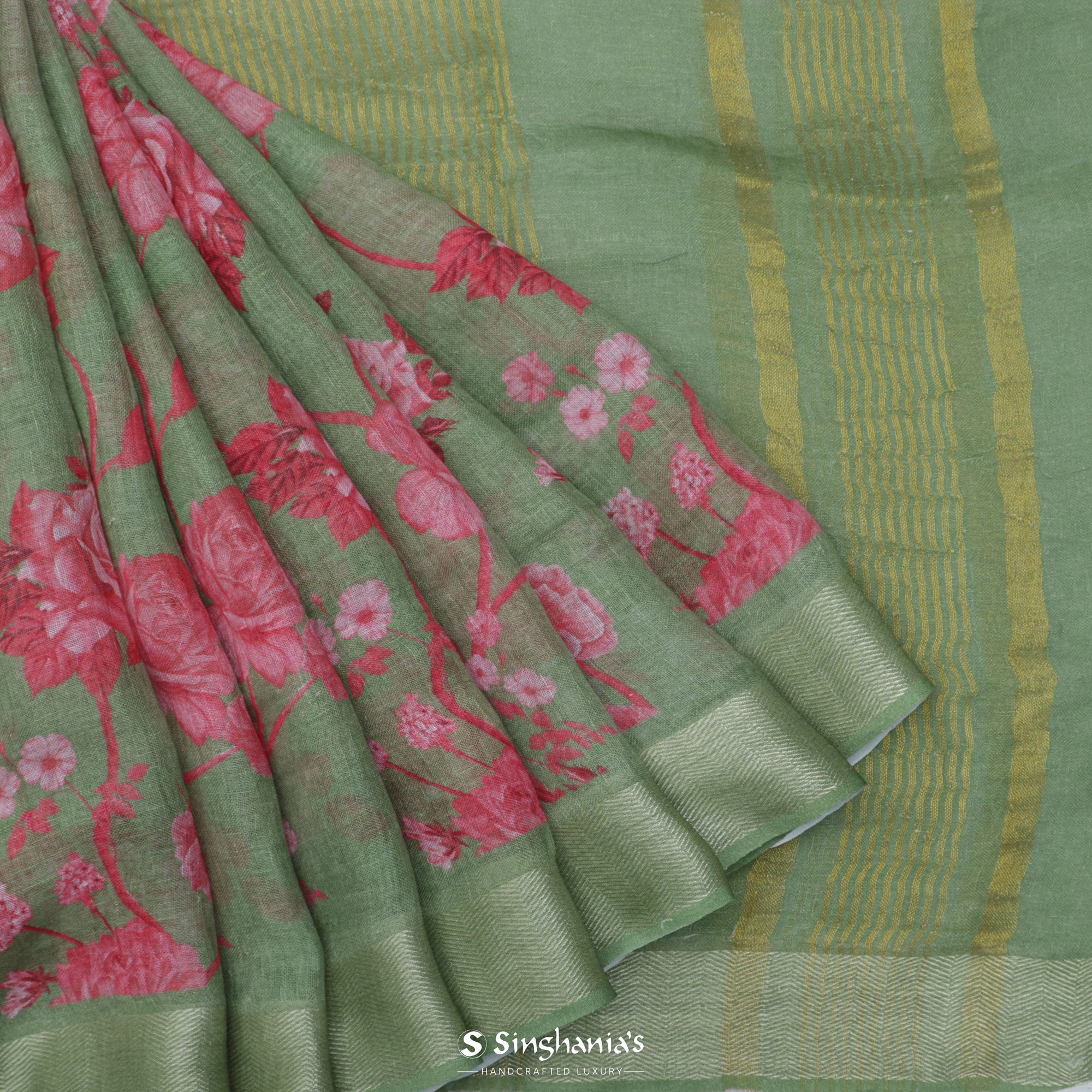 Dark Sea Green Printed Linen Saree With Floral Jaal Pattern