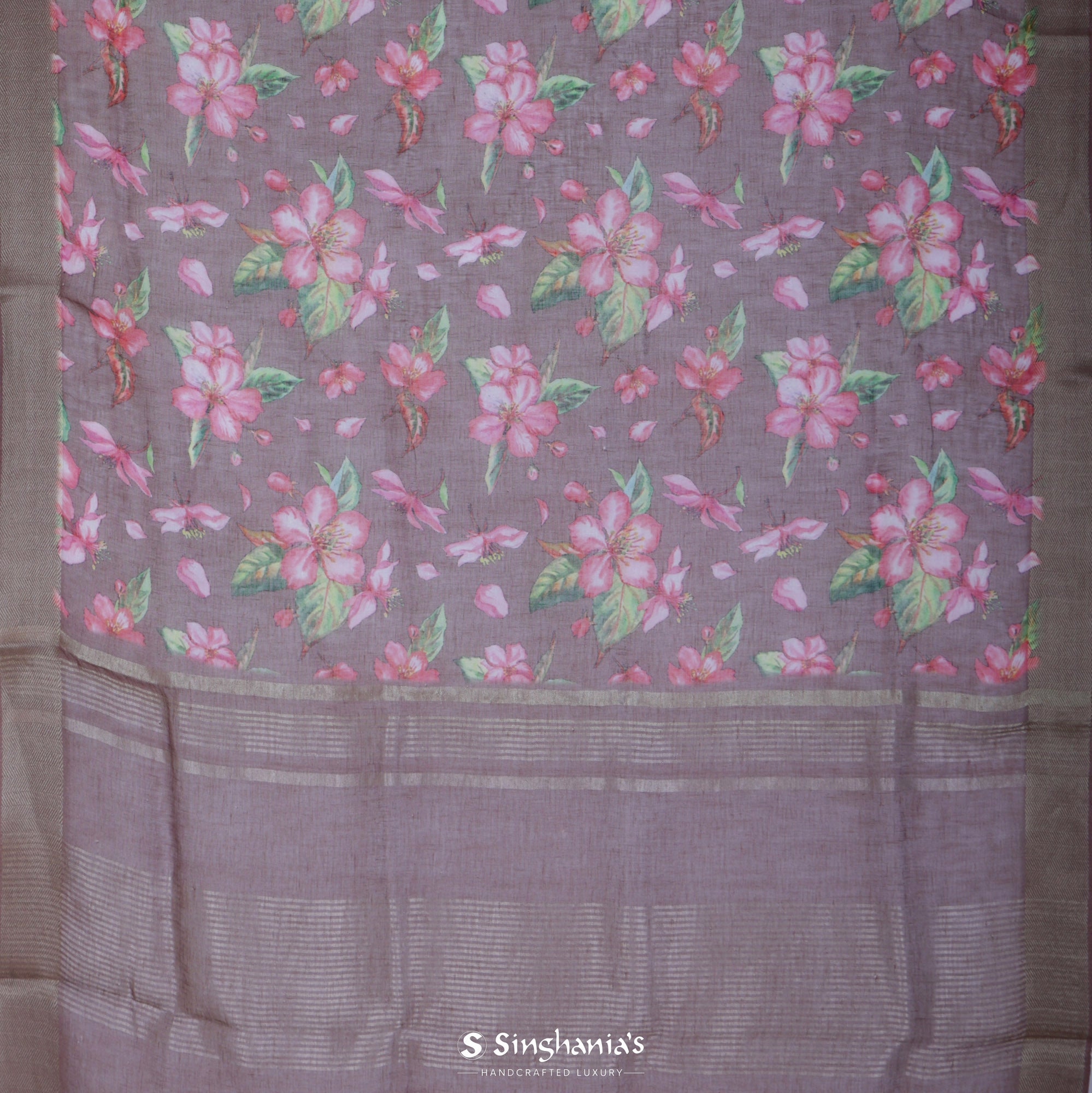Mauve Taupe Printed Linen Saree With Floral Jaal Design