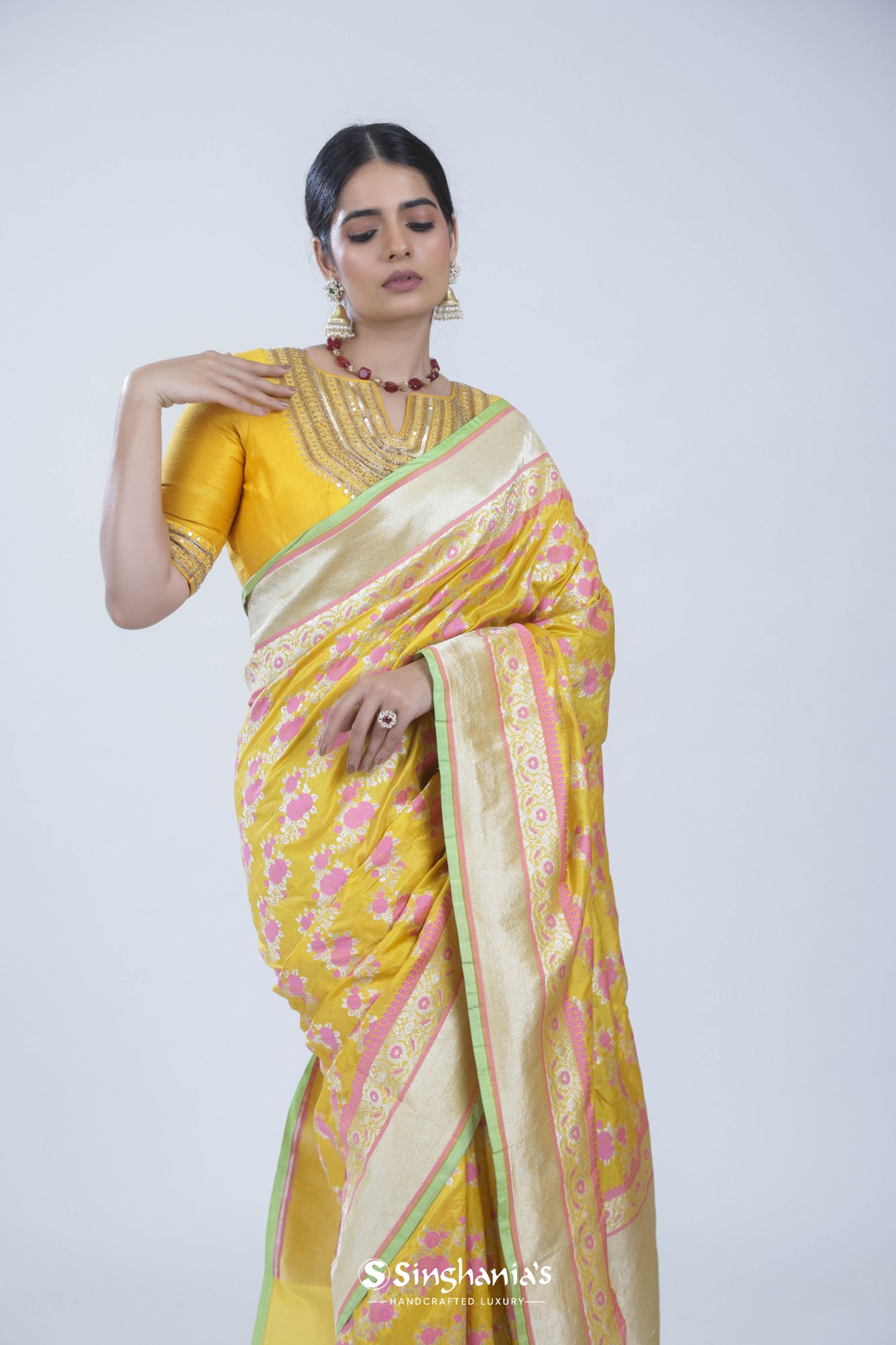 Tuscany Yellow Banarasi Silk Saree With Floral Jangla Weaving