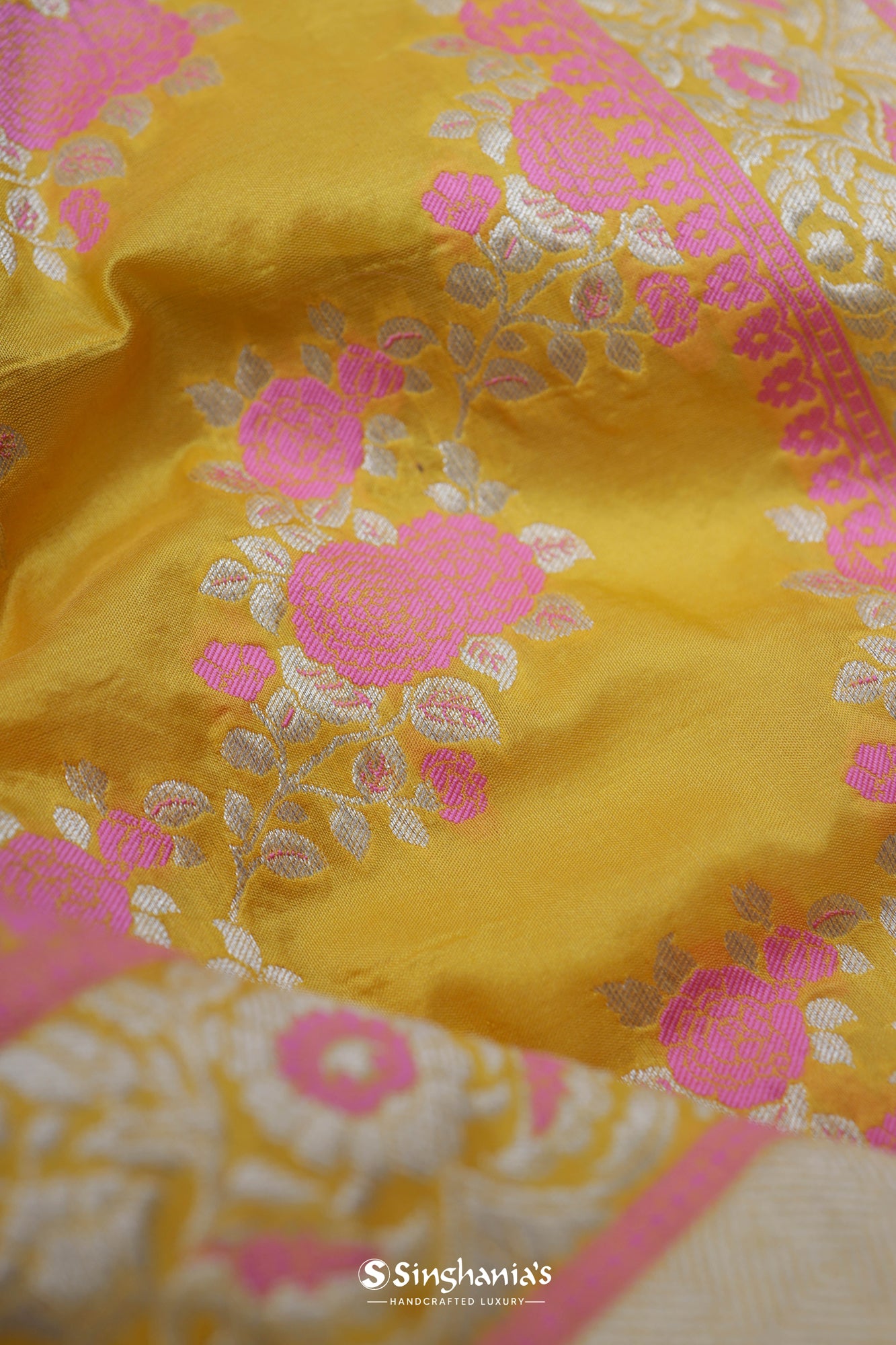 Tuscany Yellow Banarasi Silk Saree With Floral Jangla Weaving