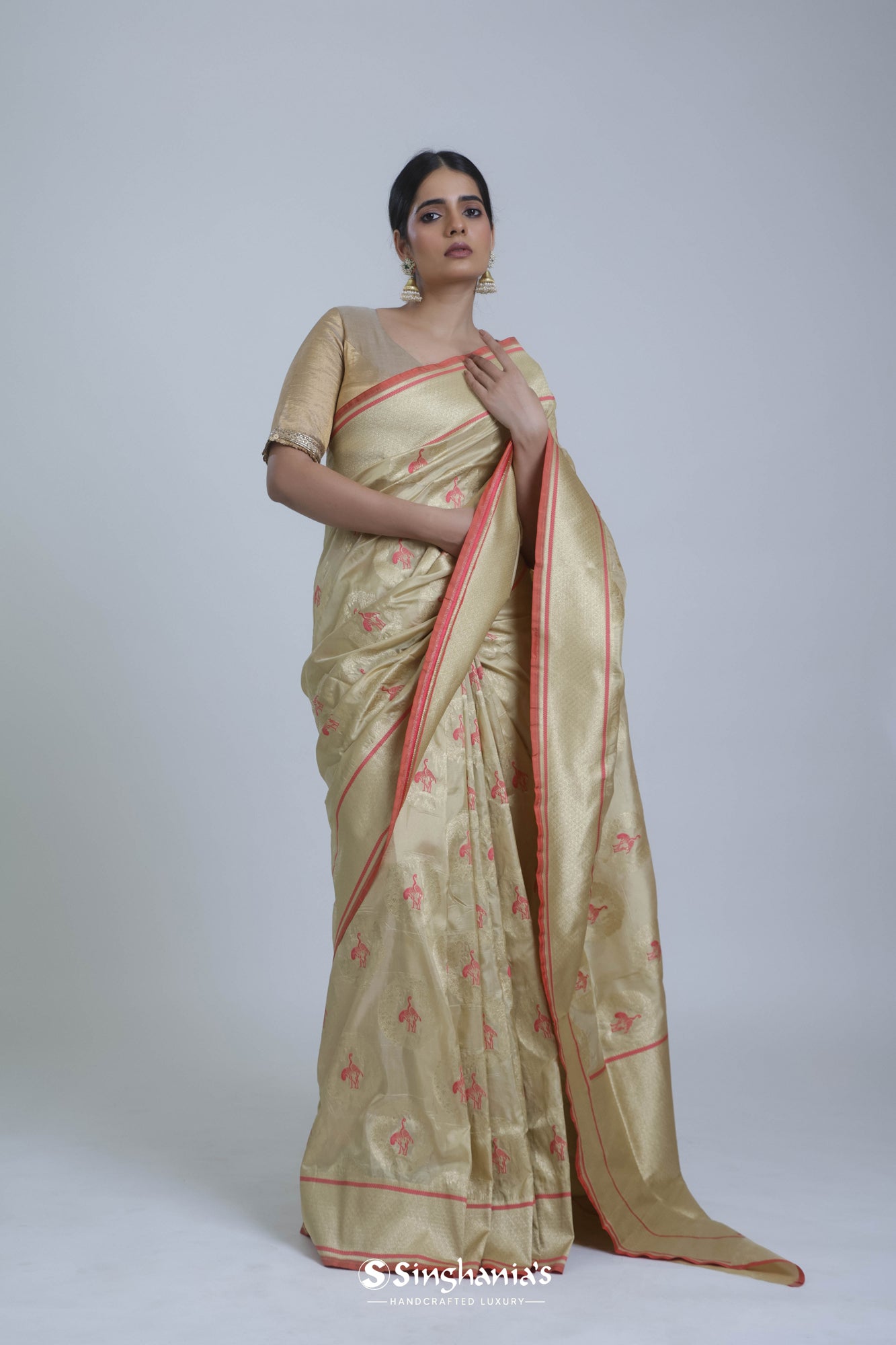Champagne Gold Banarasi Silk Saree With Jangla Weaving