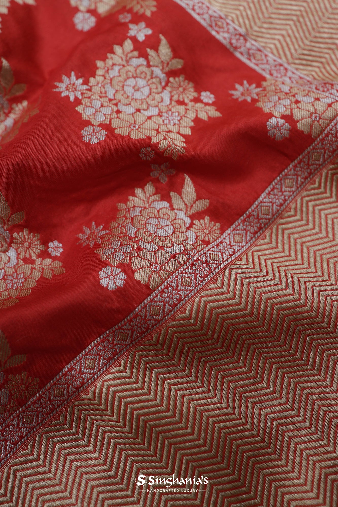 Persian Red Banarasi Silk Saree With Floral Jangla Weaving