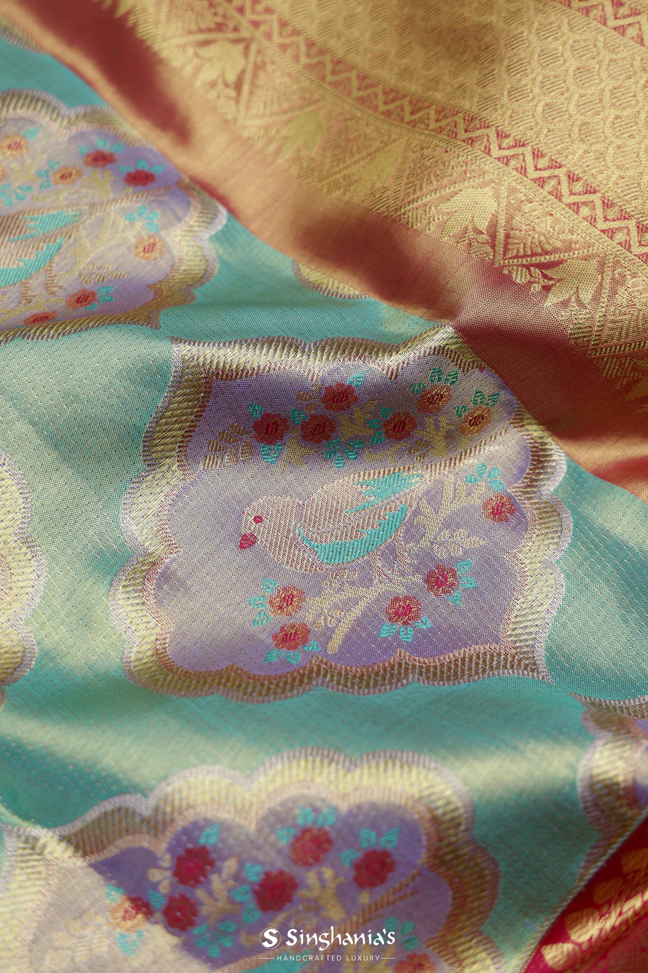 Tiffany Blue Korvai Tissue Kanjivaram Saree With Floral Buttas Pattern