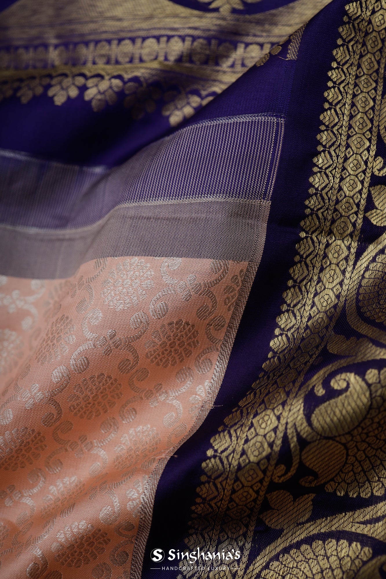 Melon Pink Kanjivaram Silk Saree With Floral Ogival Weaving