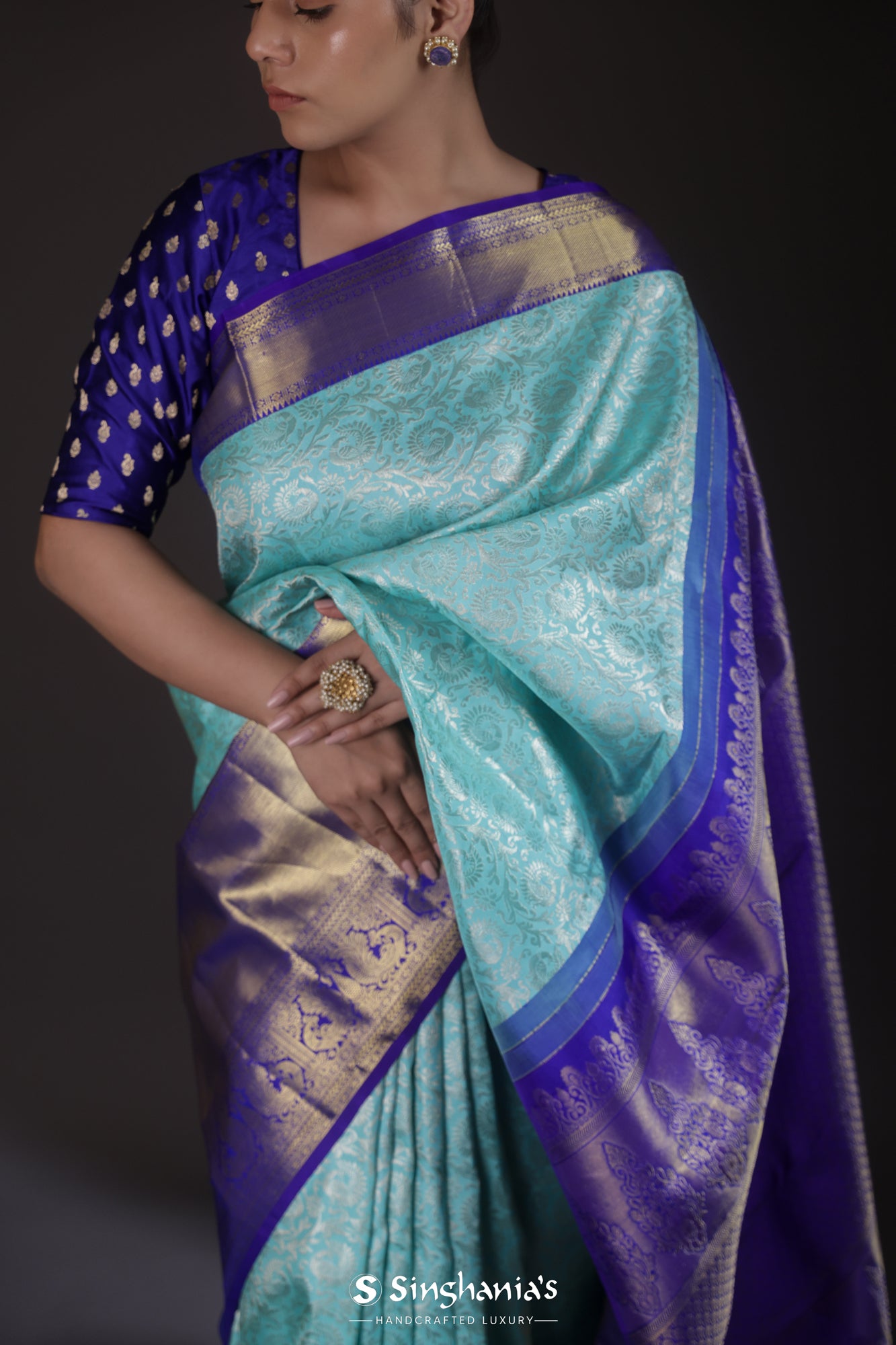 Bright Sky Blue Kanjivaram Silk Saree With Floral Weaving