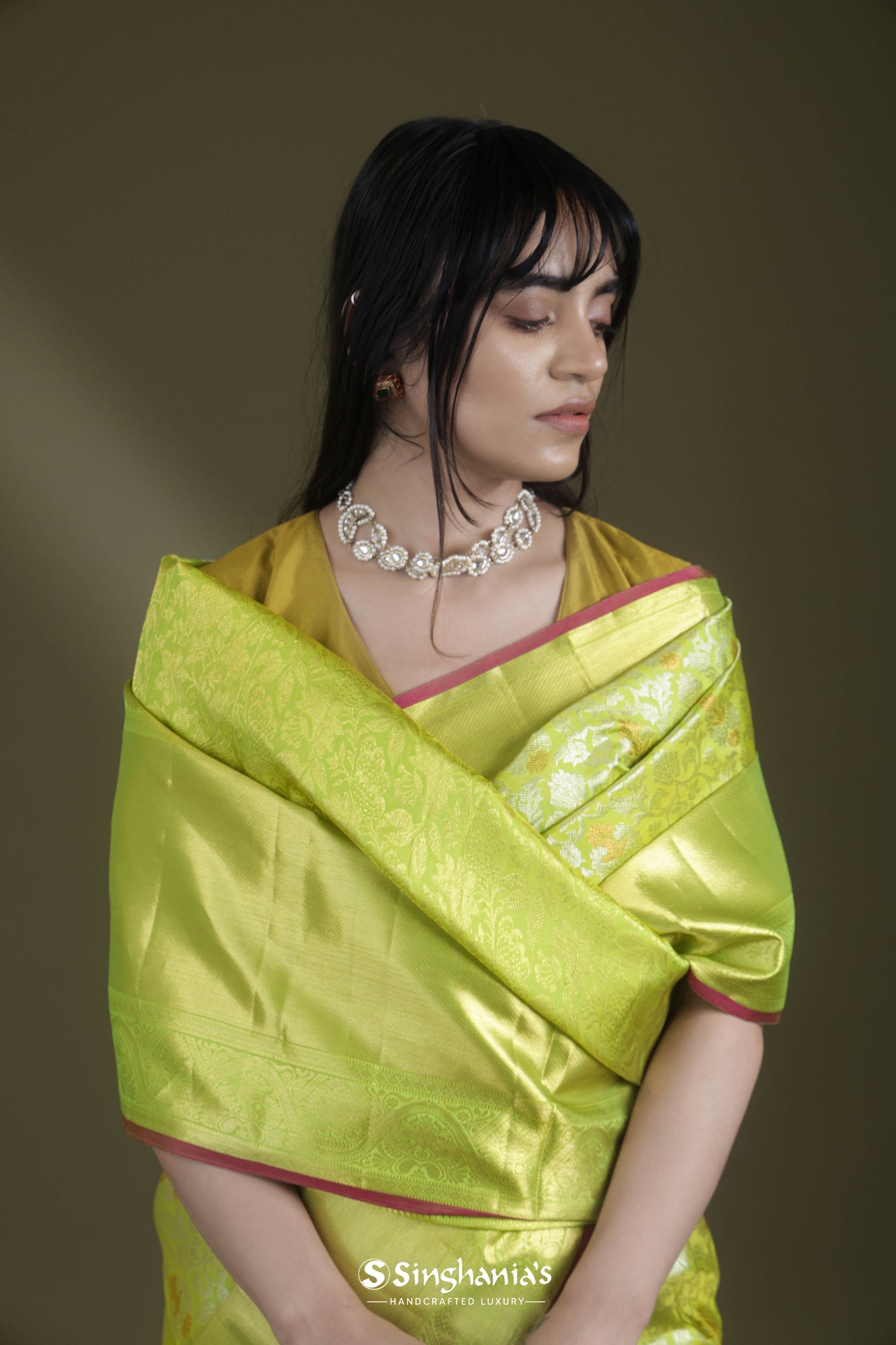 Lime Green Kanjivaram Silk Saree With Floral Jaal Weaving