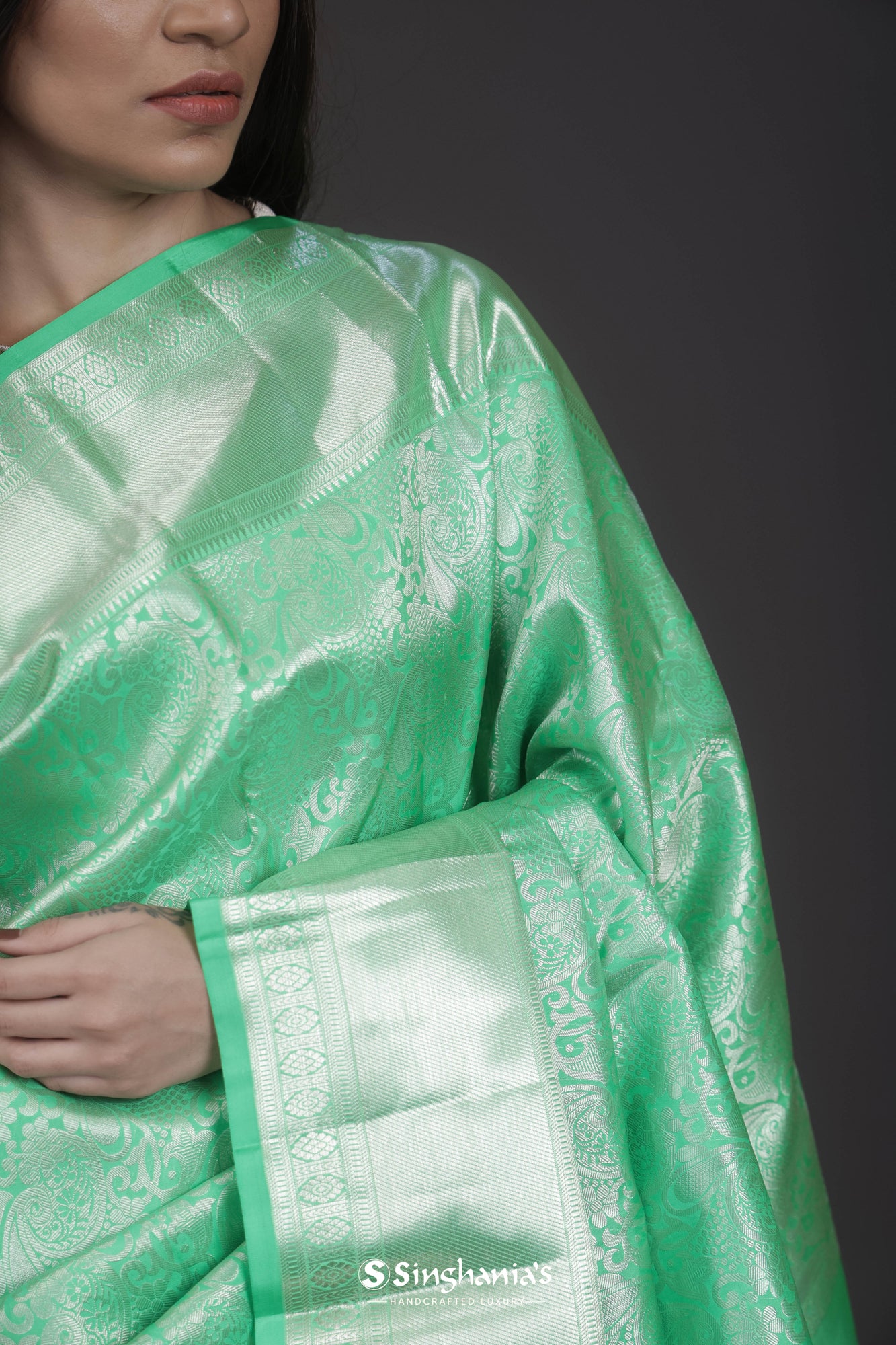 Mint Green Floral Jaal Kanjivaram Silk Saree