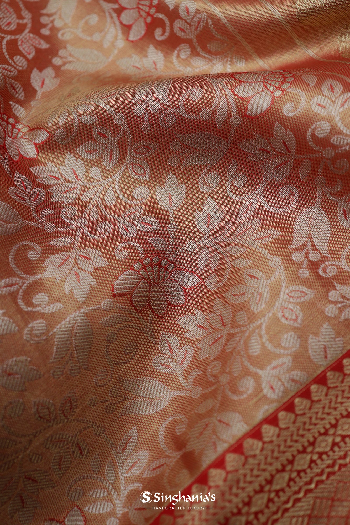 Gold-Red Tissue Kanjivaram Saree With Floral Jaal Weaving