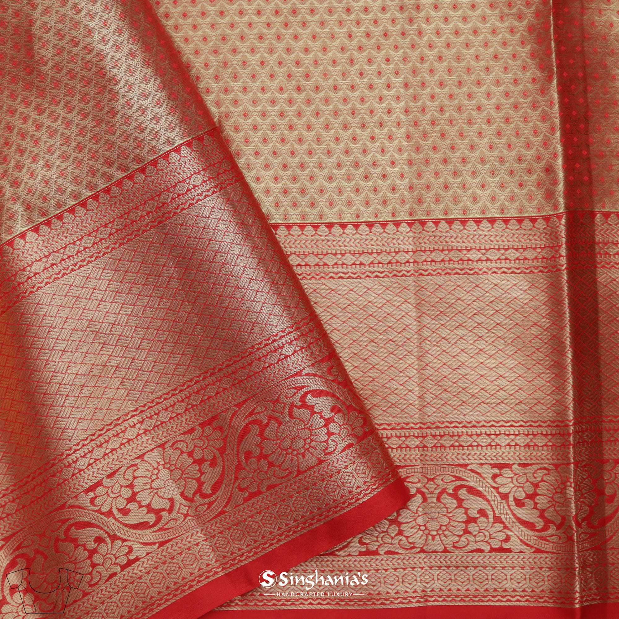 Gold-Red Tissue Kanjivaram Saree With Floral Jaal Weaving