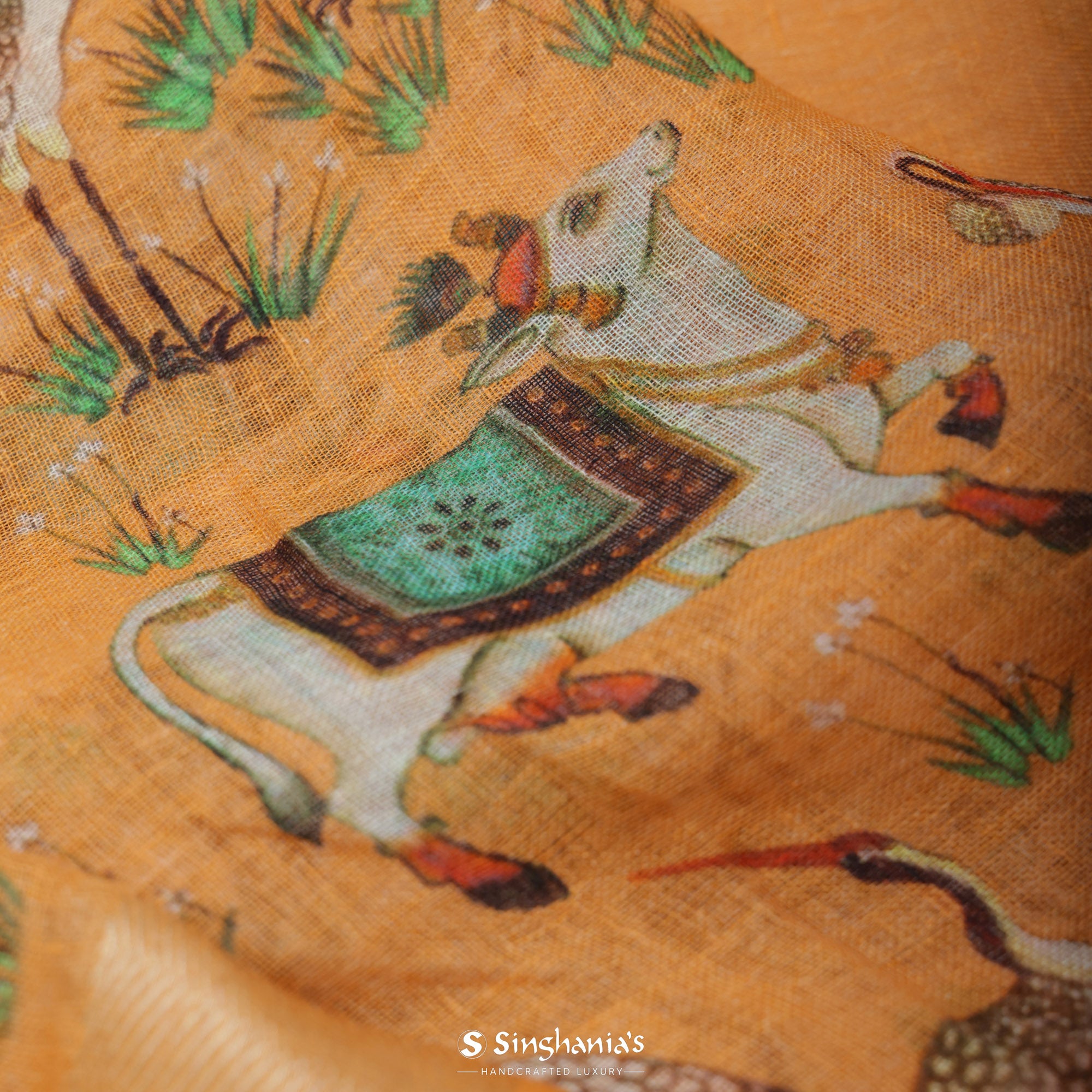 Deep Saffron Printed Linen Saree With Floral-Fauna Design