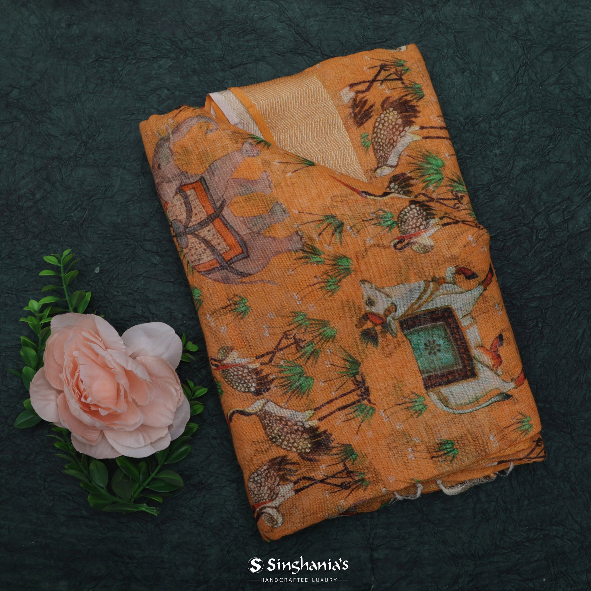 Deep Saffron Printed Linen Saree With Floral-Fauna Design