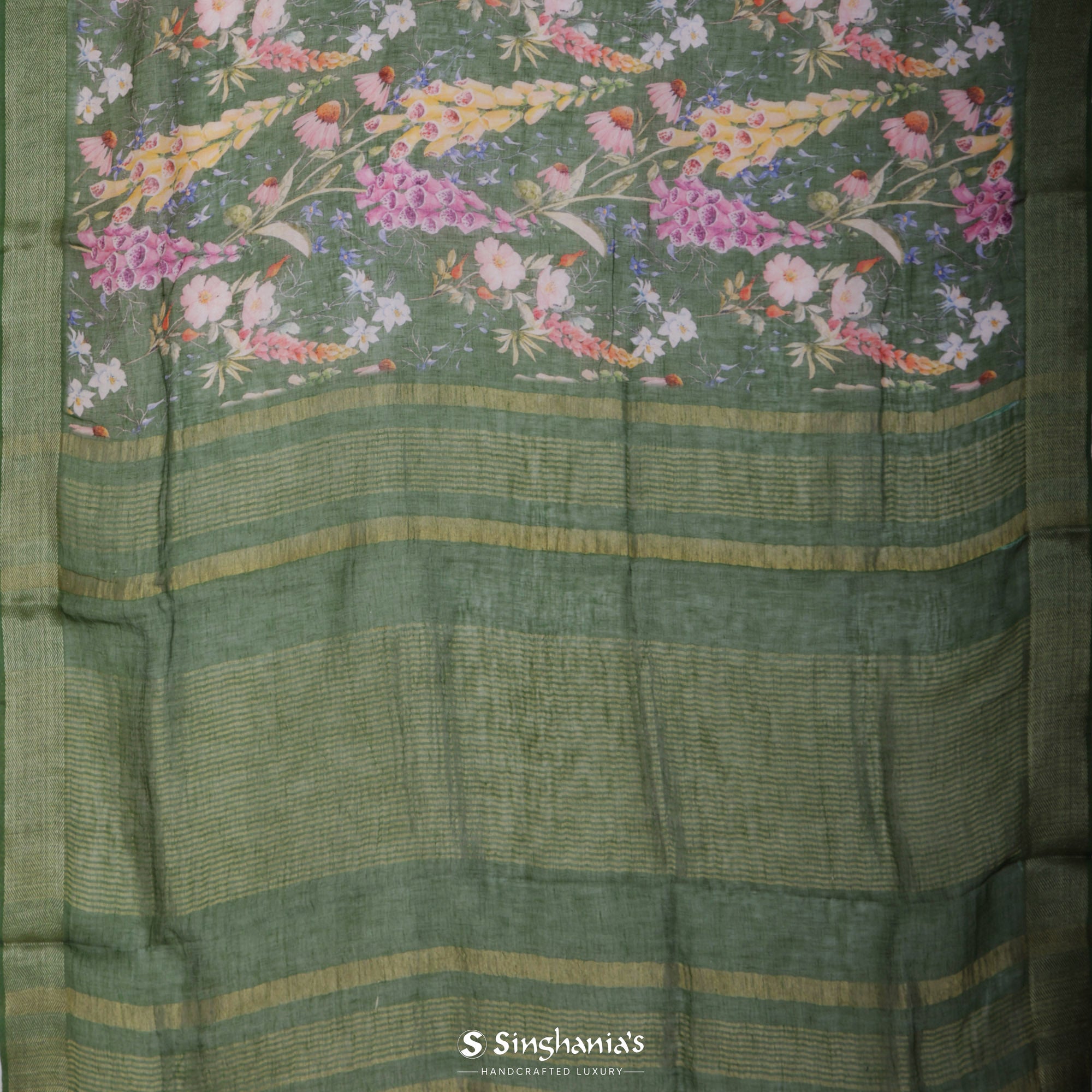 Asparagus Green Printed Linen Saree With Floral Jaal Design