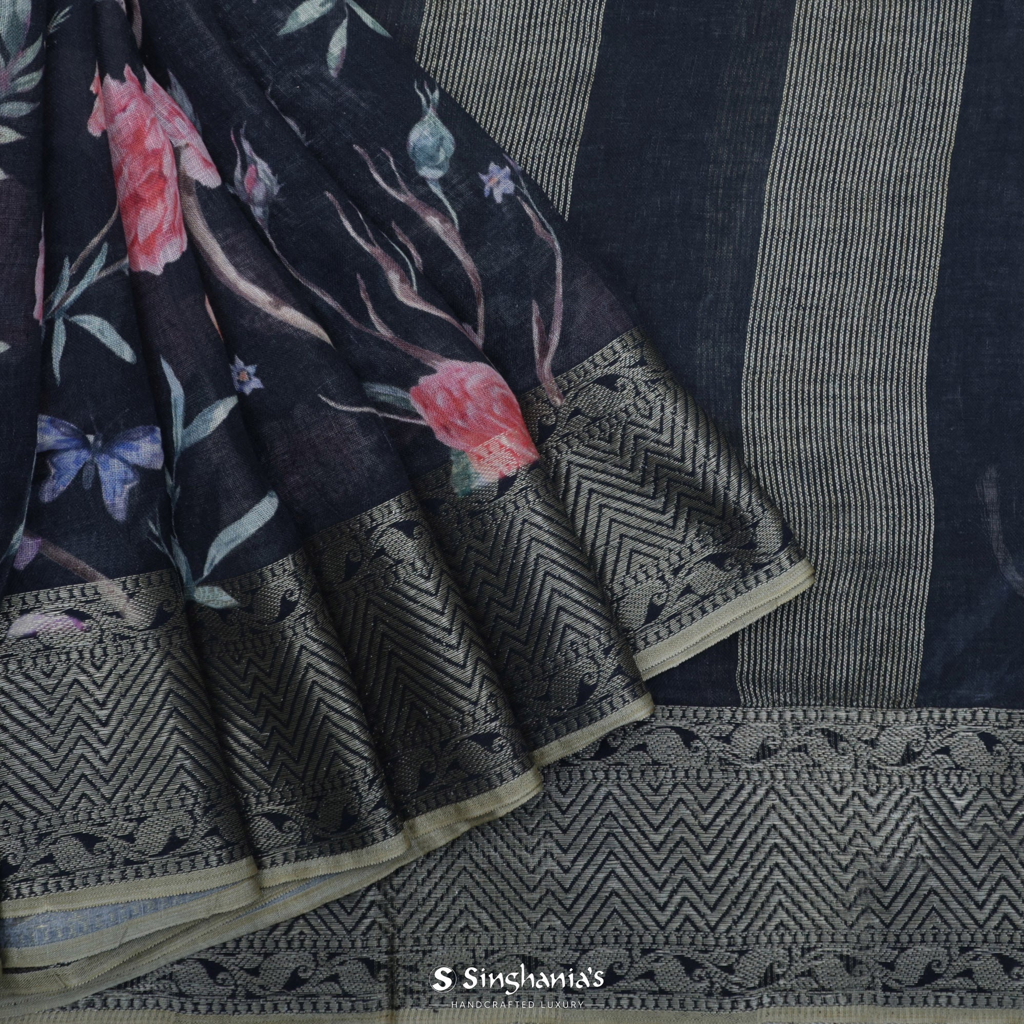 Deep Navy Blue Printed Linen Saree With Floral Jaal Design