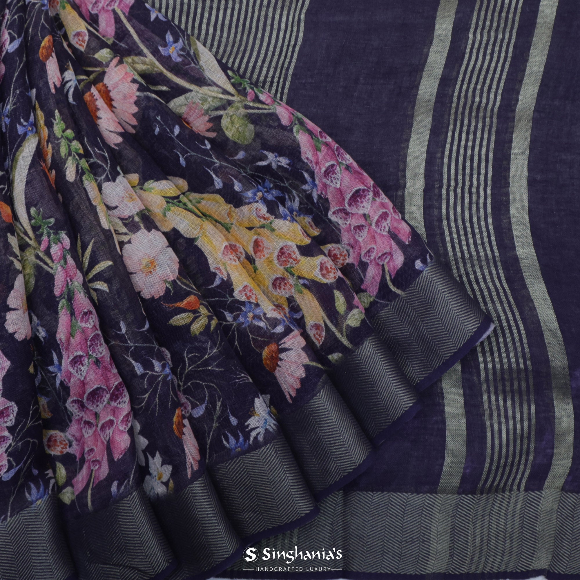 Kingfisher Purple Linen Saree With Floral Design