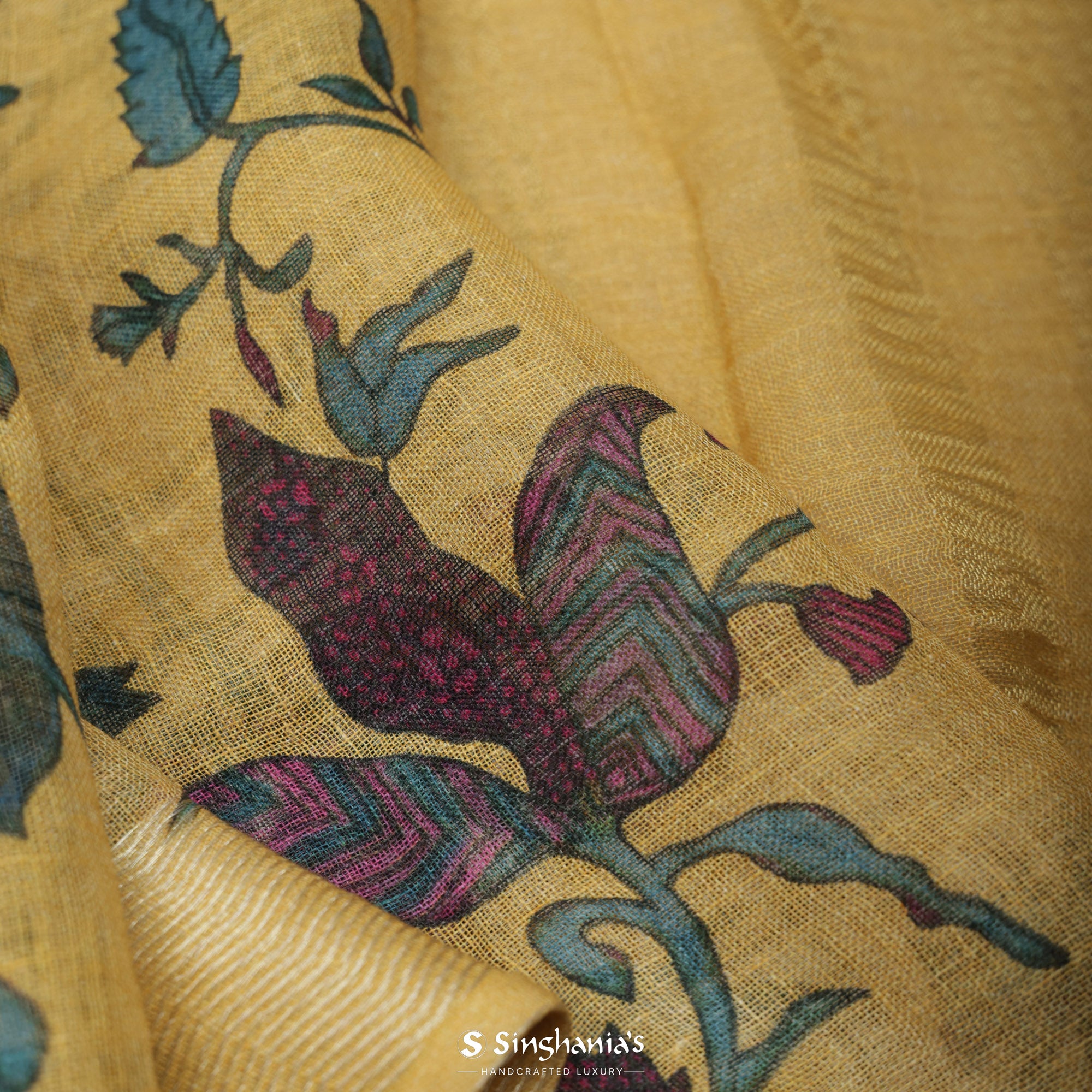 Pastel Yellow Printed Linen Saree With Floral Jaal Design