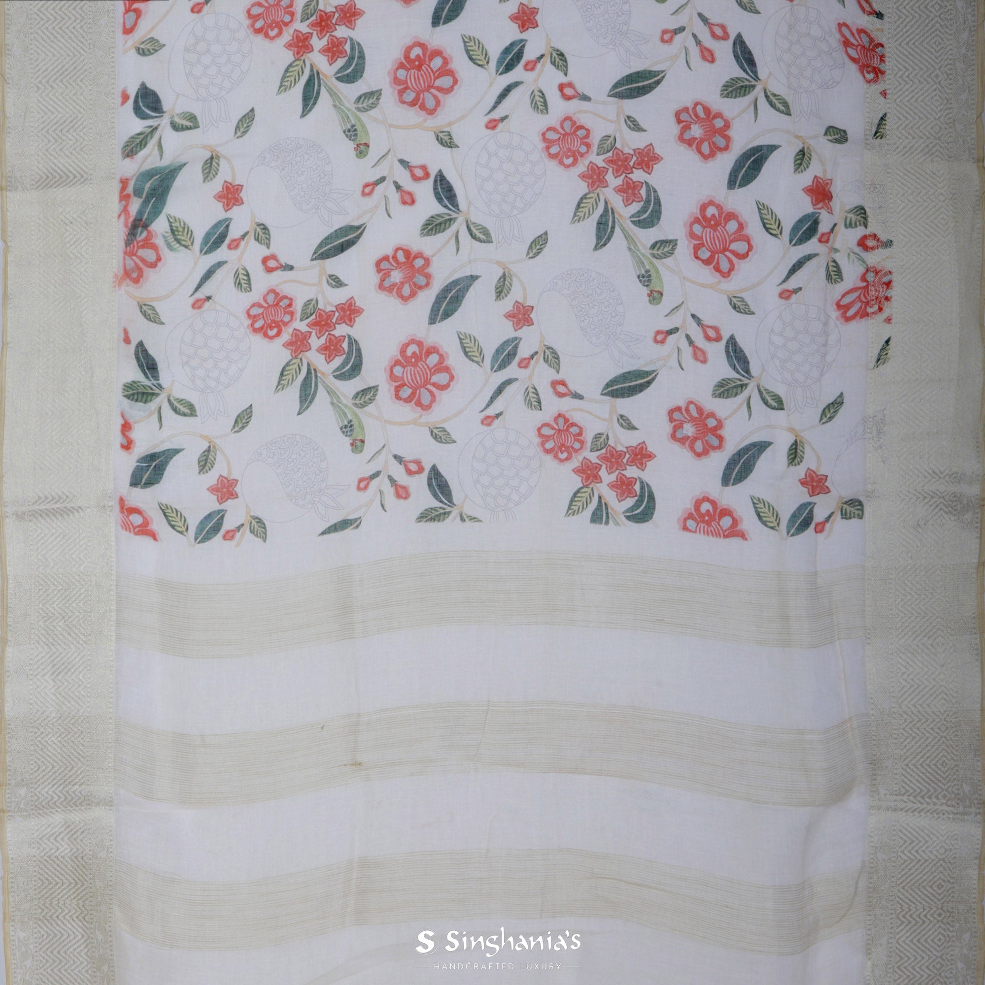 Retro White Printed Linen Saree With Floral Jaal Design